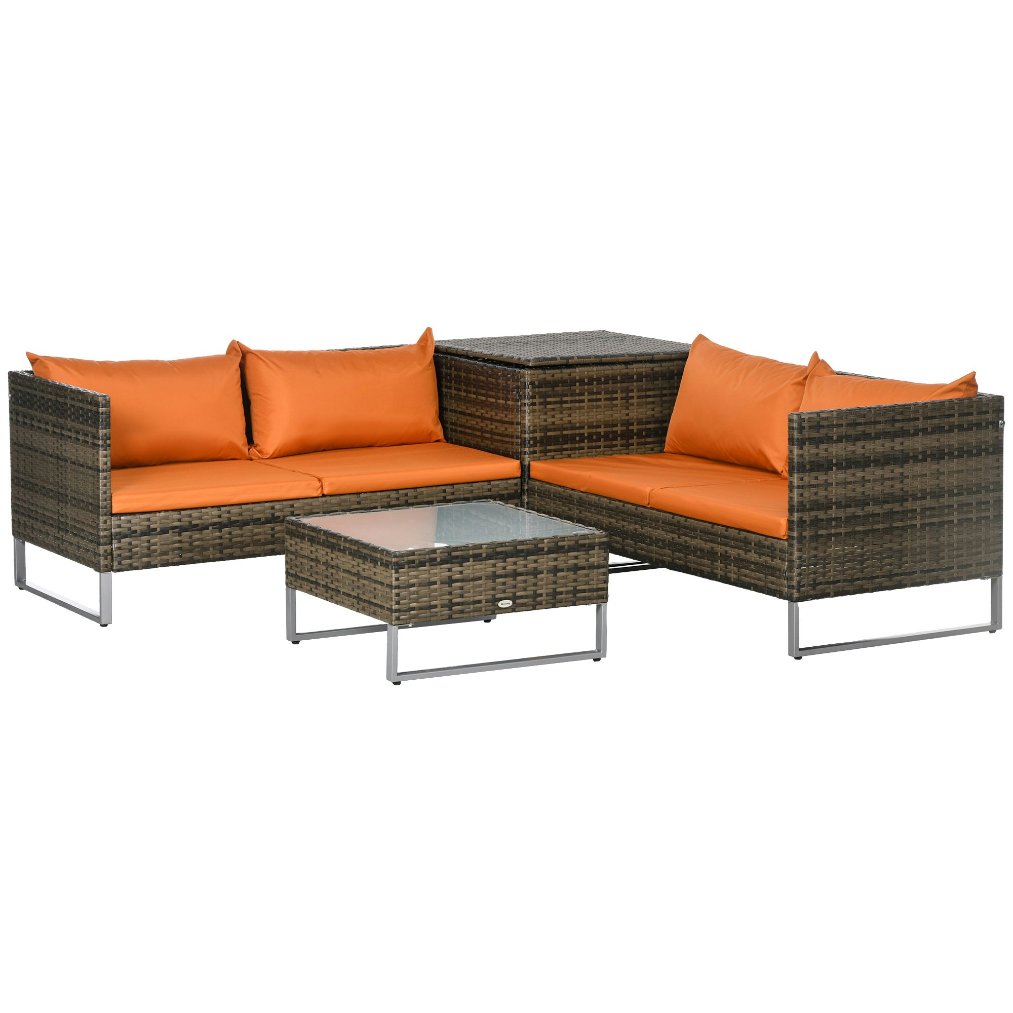 Rackhams Grey/Orange 4Pcs Patio Rattan Sofa Garden Furniture Set With Cushion - Steel, Pe Rattan, Polyester - 132Cm X 69Cm X 64 Cm