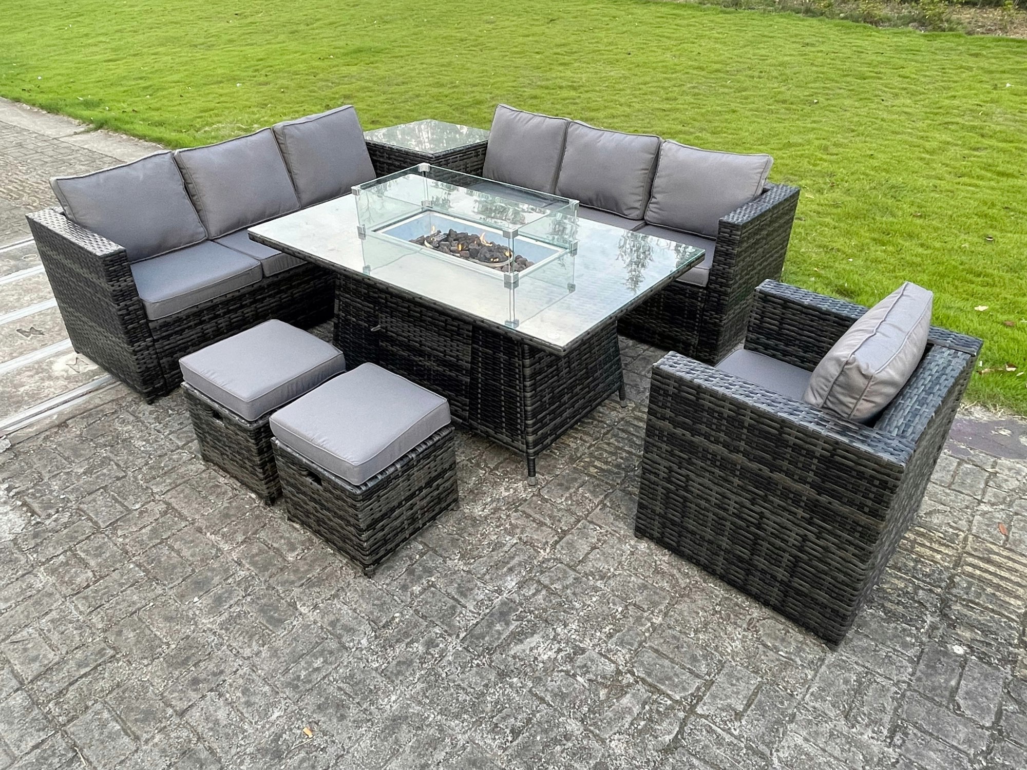 Rackhams Dark/Grey Outdoor Rattan Garden Corner Furniture Gas Fire Pit Table Sets Gas Heater Lounge Chair Footstool 9 Seater Small