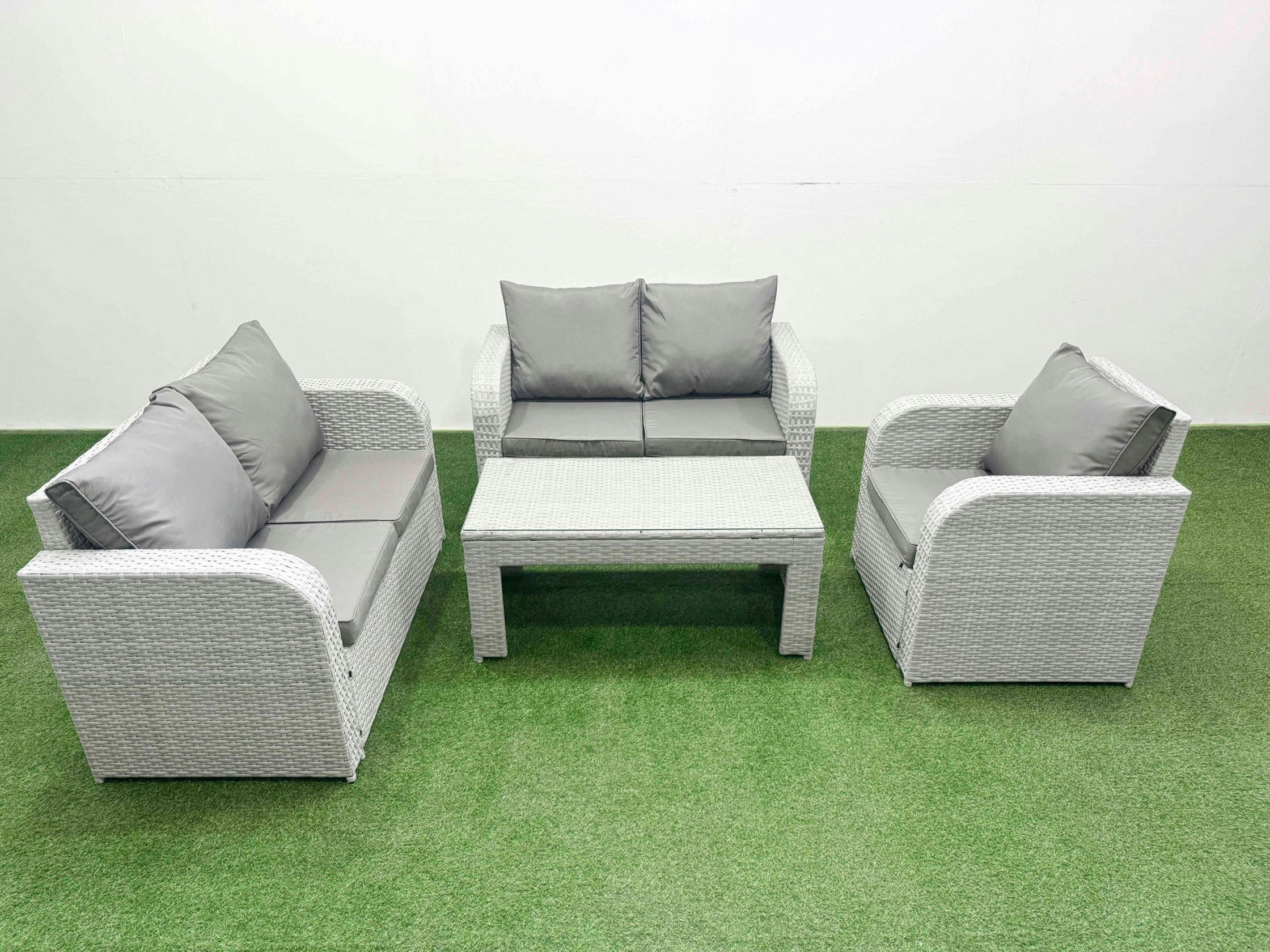 Rackhams Light/Grey High Back Poly Rattan Garden Furniture Set With Reclining Chair Loveseat Sofa Oblong Coffee Table Indoor Outdoor Patio Set