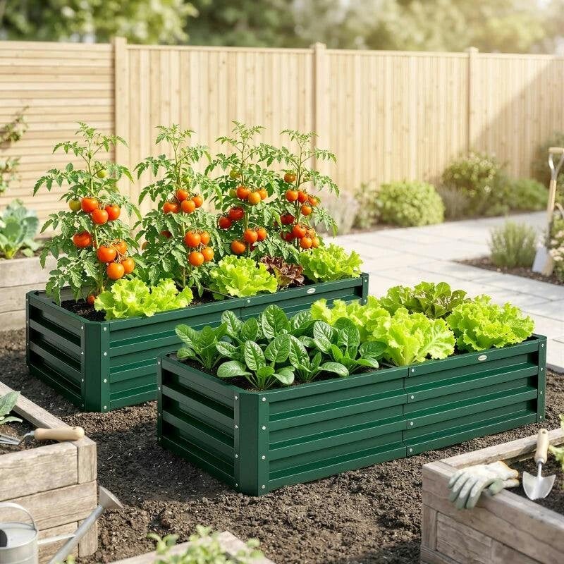 Set of 2 Raised Beds for Garden Galvanised Outdoor Planters for Herbs Green - Image 7