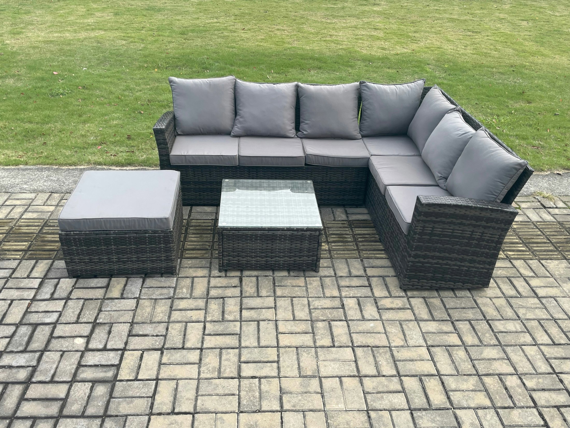 Rackhams Dark/Grey Rattan Garden Furniture Set Outdoor Lounge Corner Sofa Set With Square Coffee Table Big Footstool 7 Seater Mixed