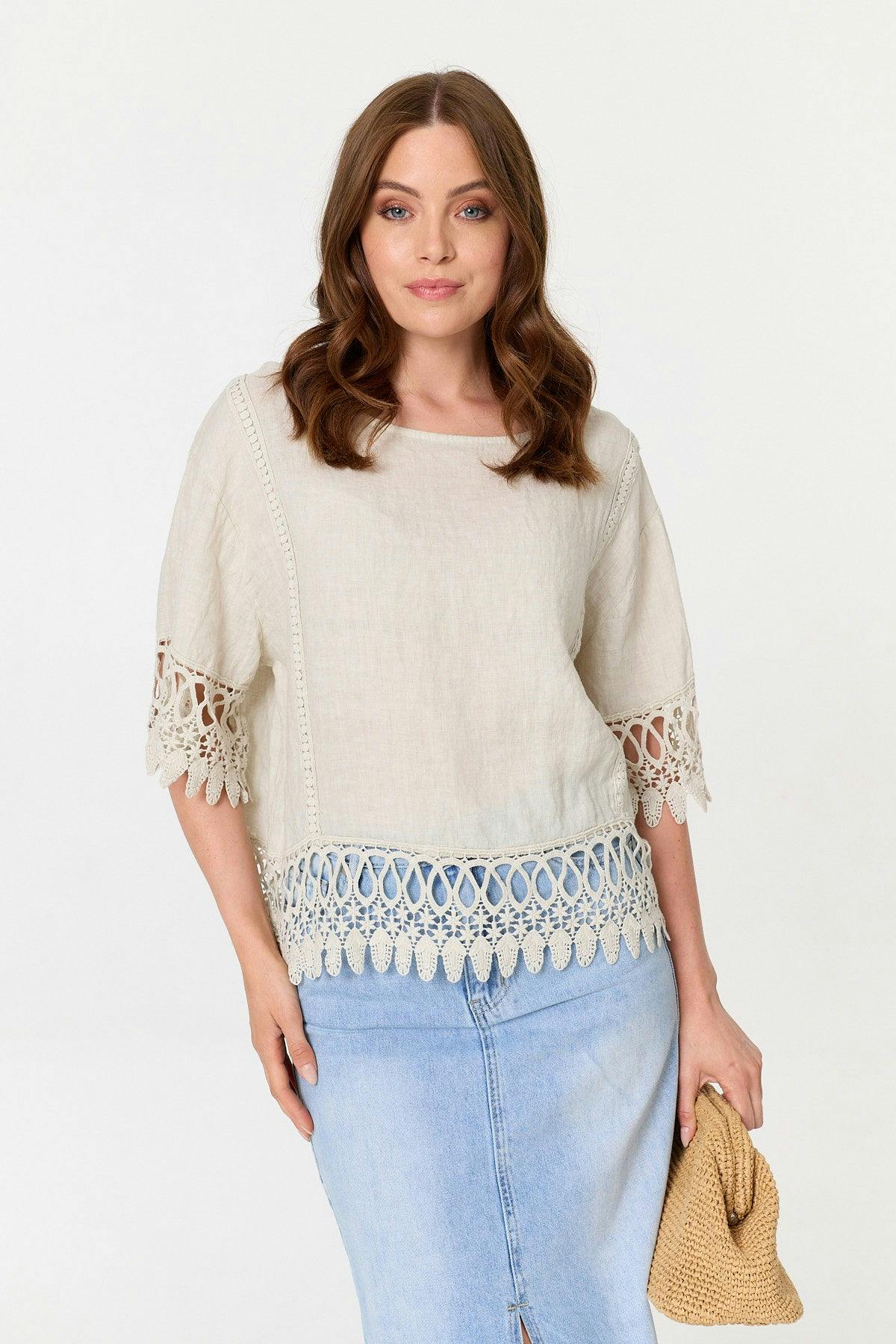 Izabel London Light Lace Trim Relaxed 3/4 Sleeve Blouse - S/M - Khaki