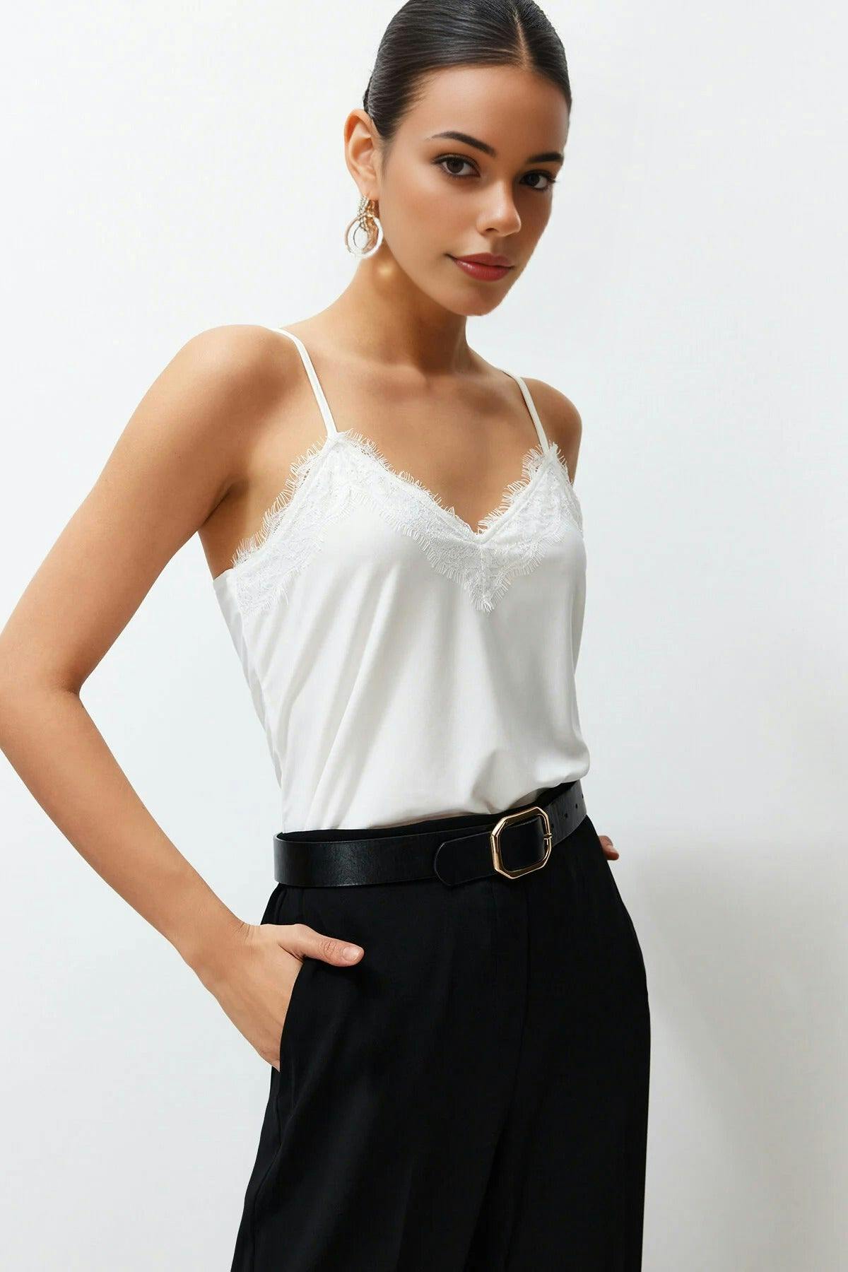 Wovcor White Lace Detail V-Neck Strappy Stretch Knit Blouse - Xs