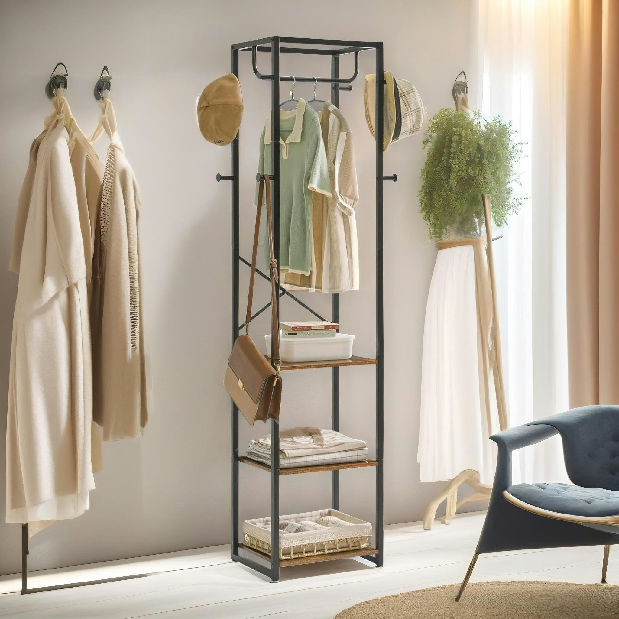 Rafaelo Mobilia Brown Industrial Coat Stand With 3 Shelves And 8 Hooks