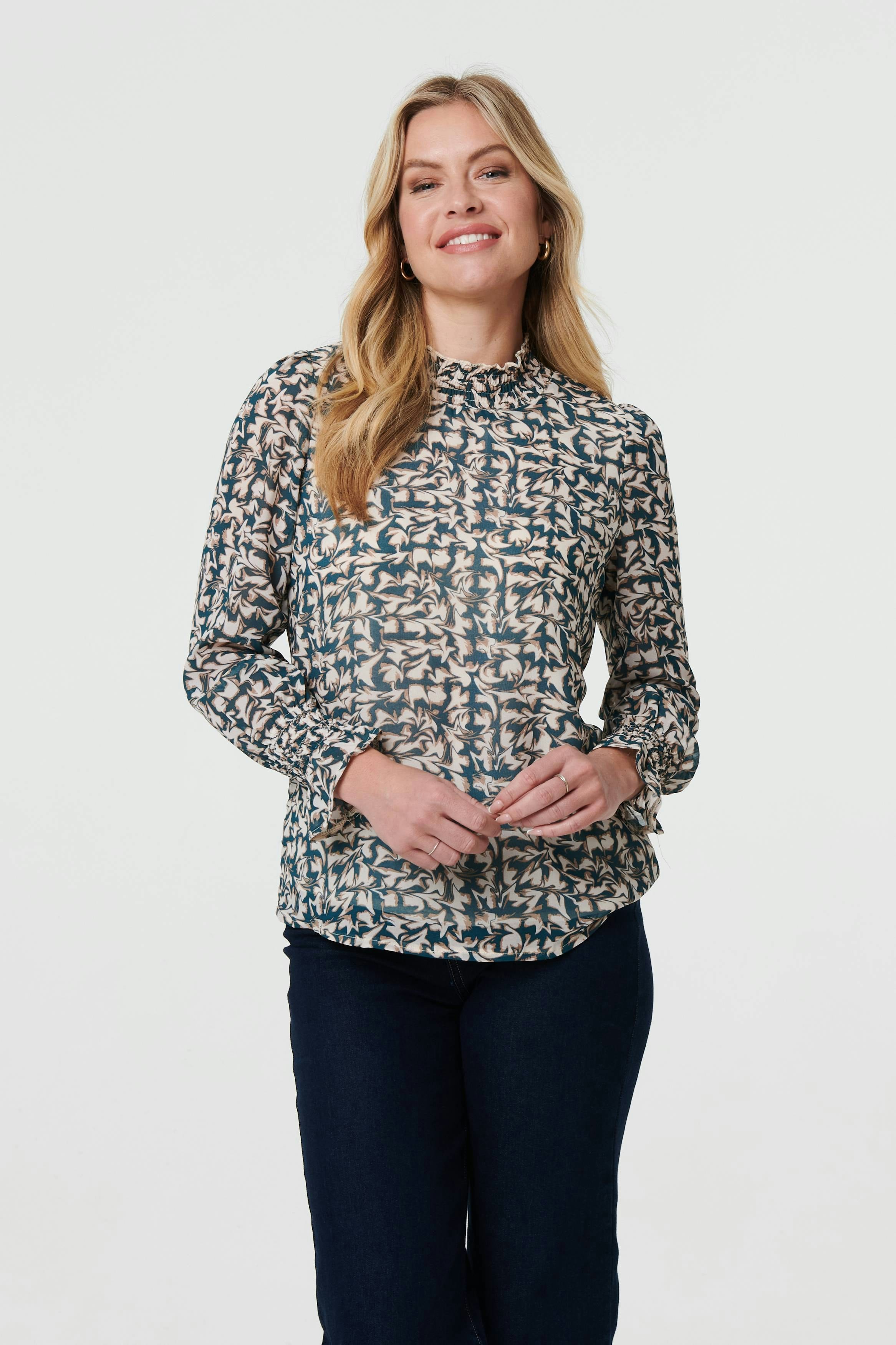 Izabel London Green Printed Long Sleeve High Neck Top - 8