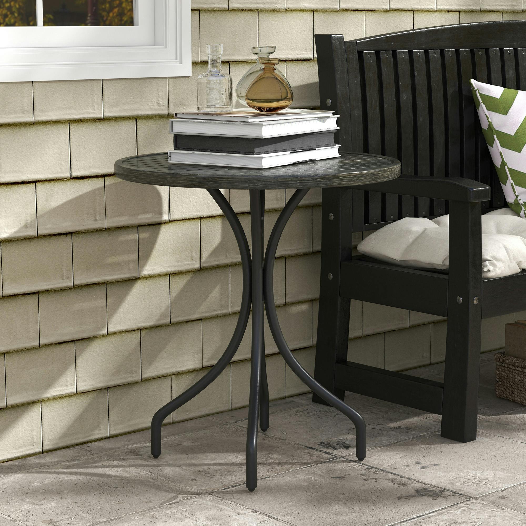 Outsunny Black/Grey/Grain Round Garden Table Outdoor Side Table With Steel Frame - Wood - Galvanised Steel - 66Cm X 66Cm X 71.5Hcm