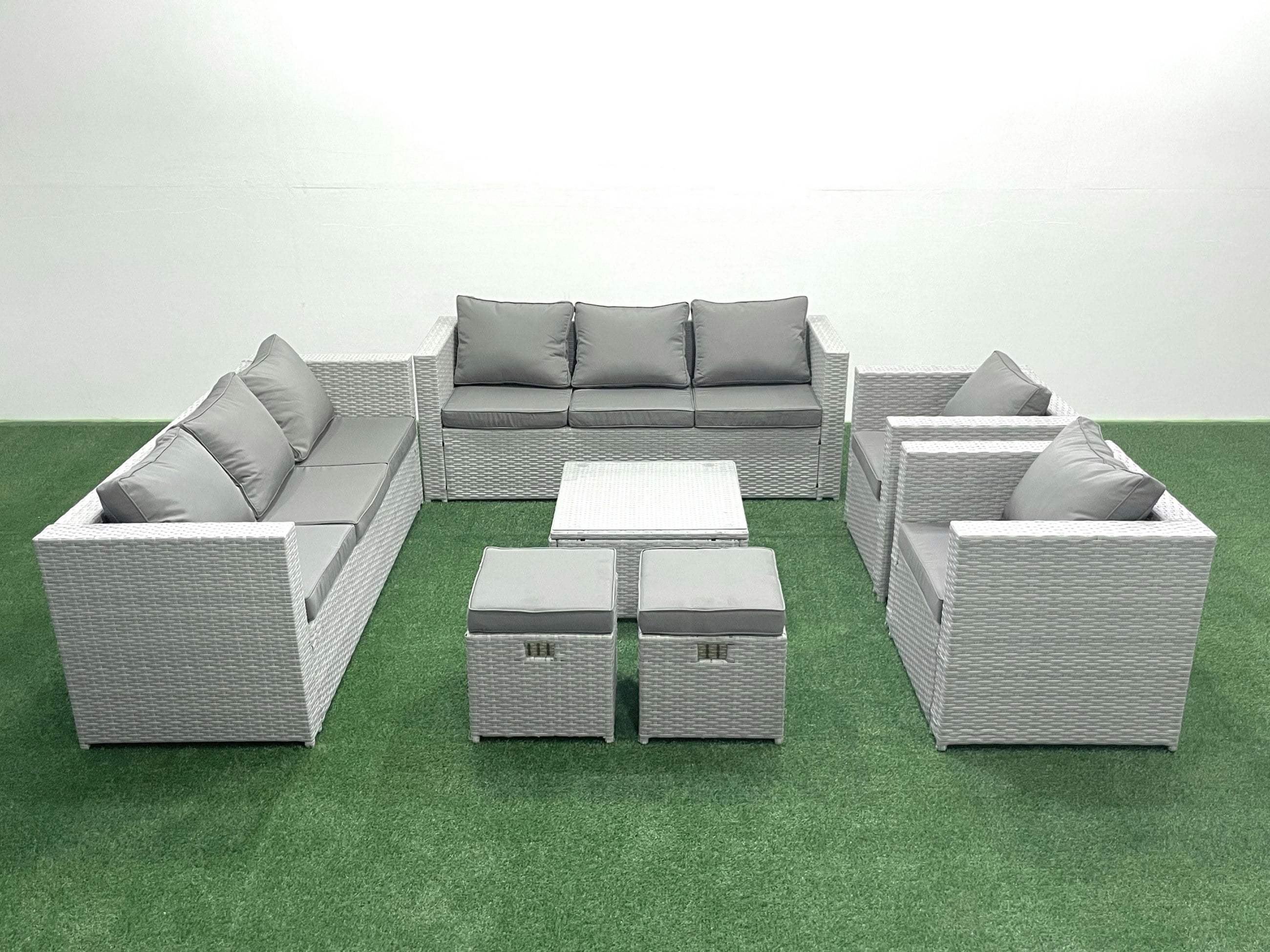 Rackhams Light/Grey Outdoor Rattan Sofa Garden Furniture Set With 2 Armchairs Square Coffee Table 2 Small Footstools Mixed