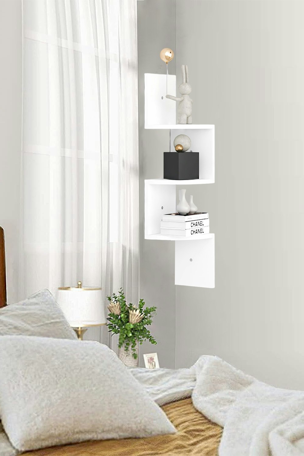 Rackhams White 3-Tier Wooden Zigzag Floating Corner Shelves