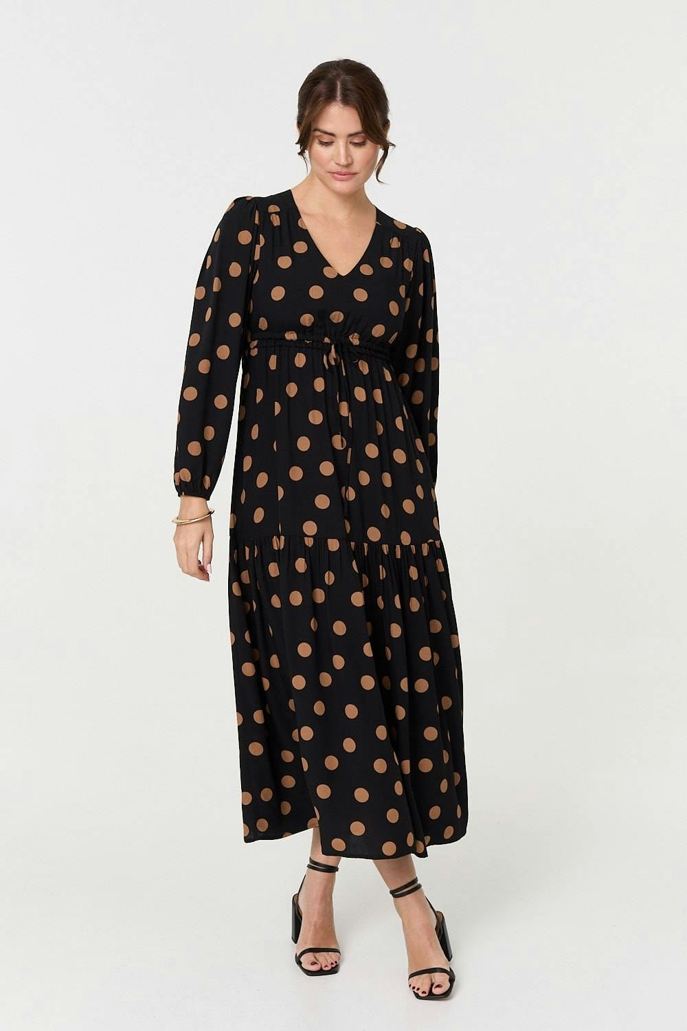 Izabel London Black Polka Dot Tie Empire Waist Maxi Dress - 8