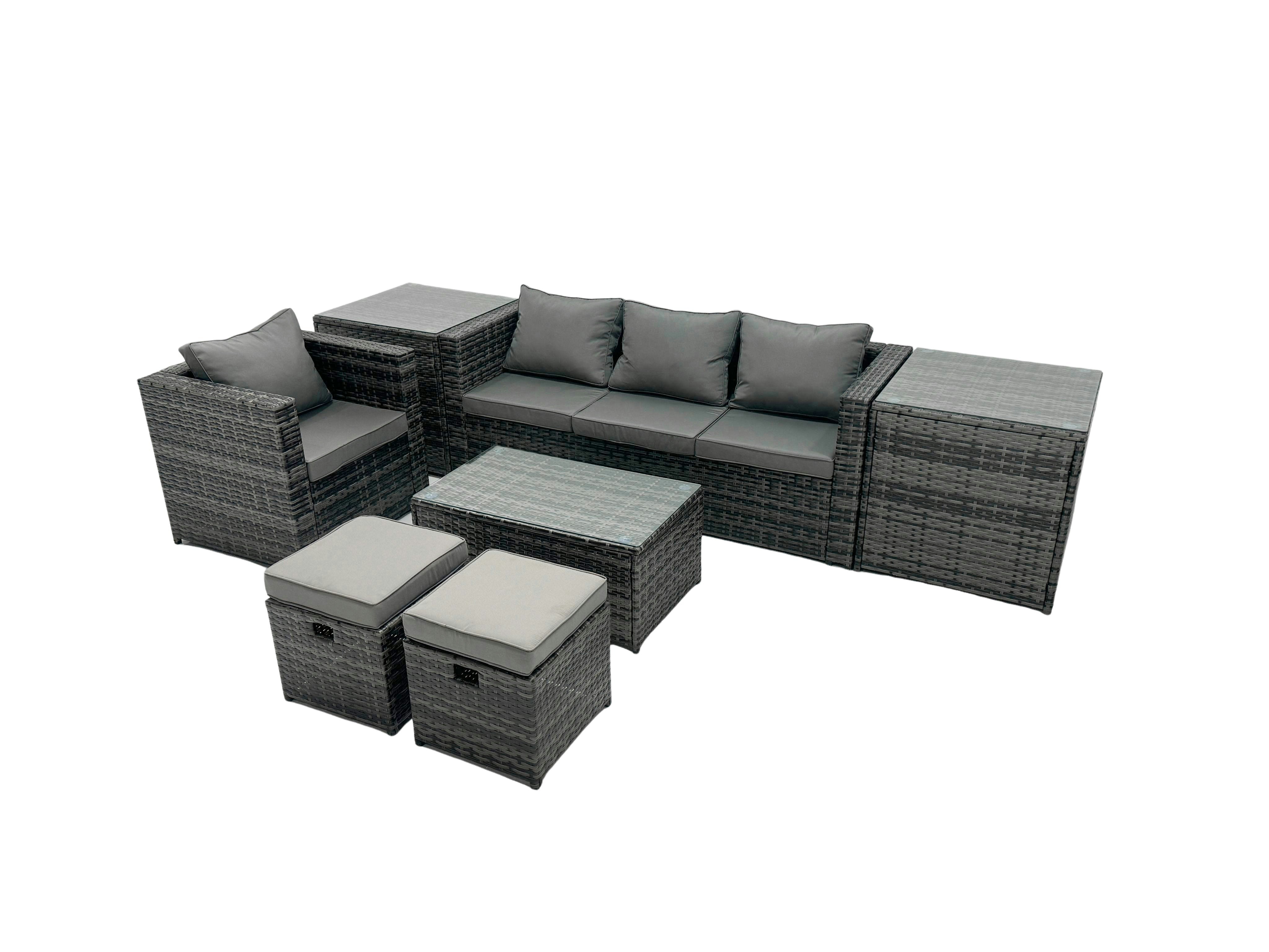 Fimous Dark/Grey Outdoor Coffee Table Sofa Armchair Set With 2 Side Tables 2 Small Footstools Garden Furniture Set Mixed
