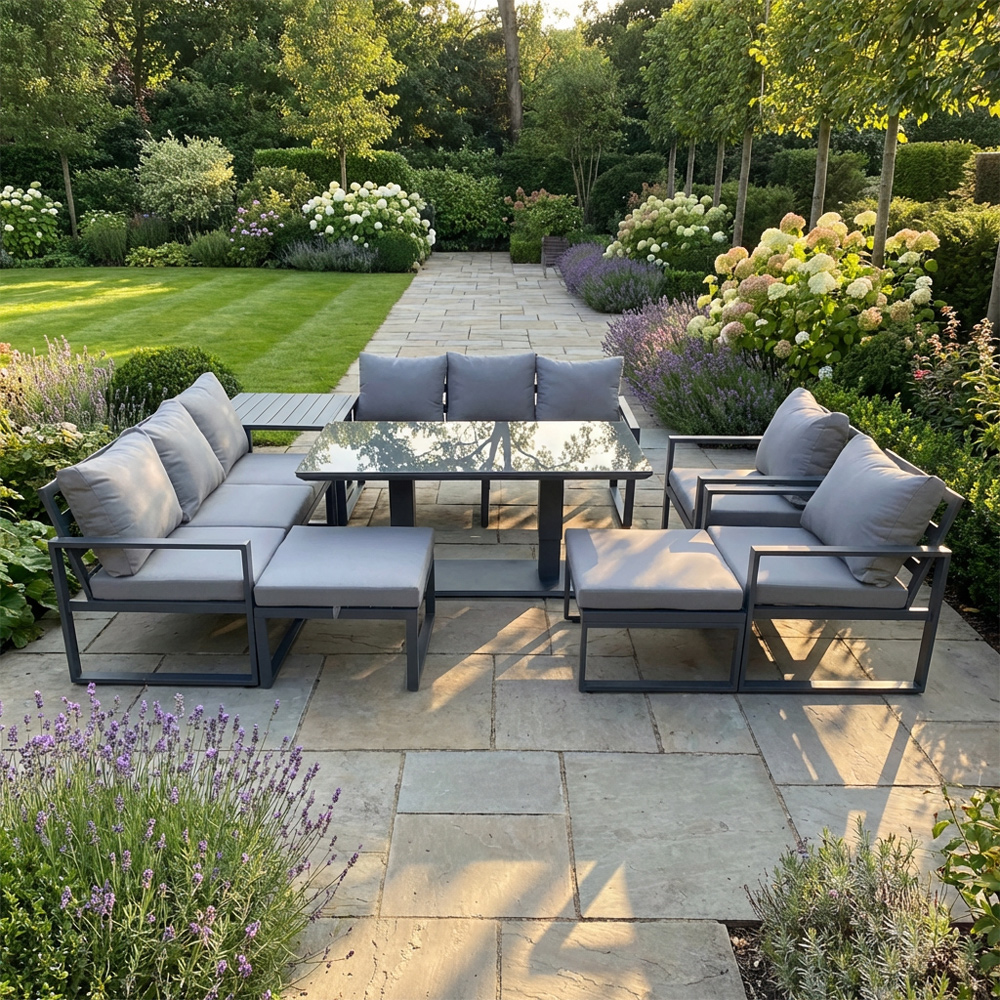 Rackhams Dark/Grey 10 Seater Aluminium Garden Sofa Set With Rising Dining Tabe, 2 Chairs, 2 Footstools & Side Table