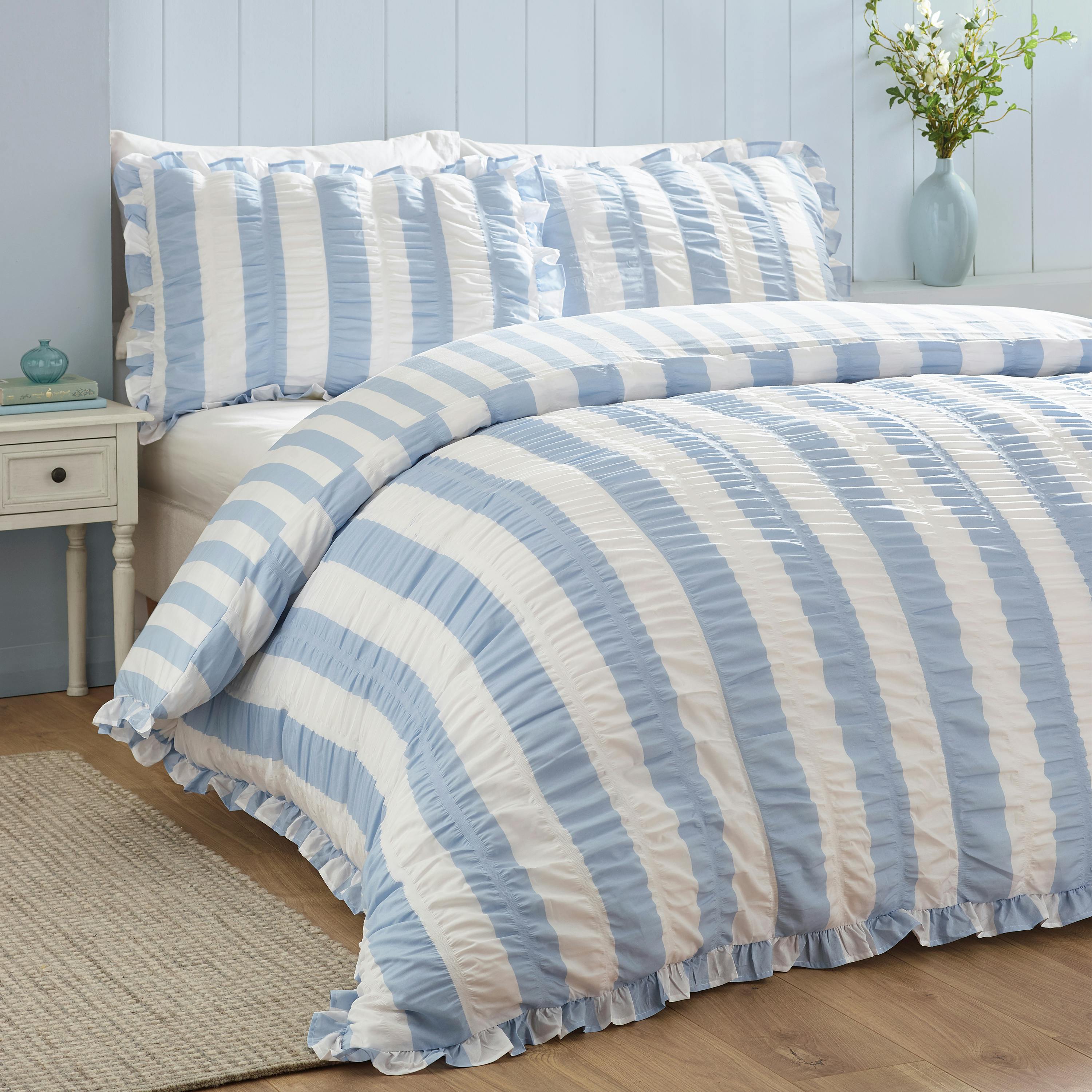 Rackhams Blue Seersucker Frill Stripe Duvet Cover Set - Single