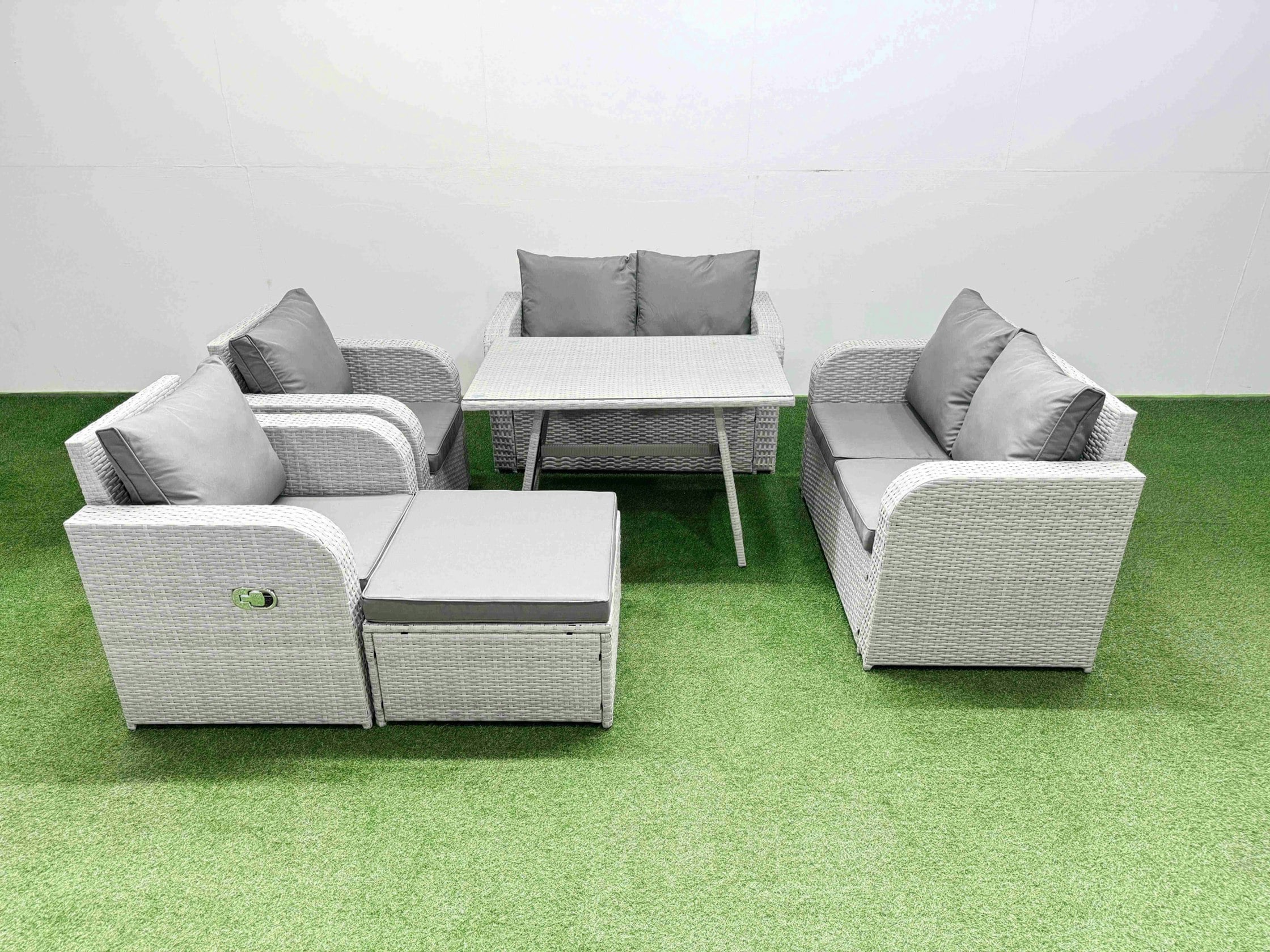 Rackhams Light/Grey 7 Seater Rattan Garden Furniture Set Outdoor Love Sofa Set With Rectangular Dining Table Big Footstool