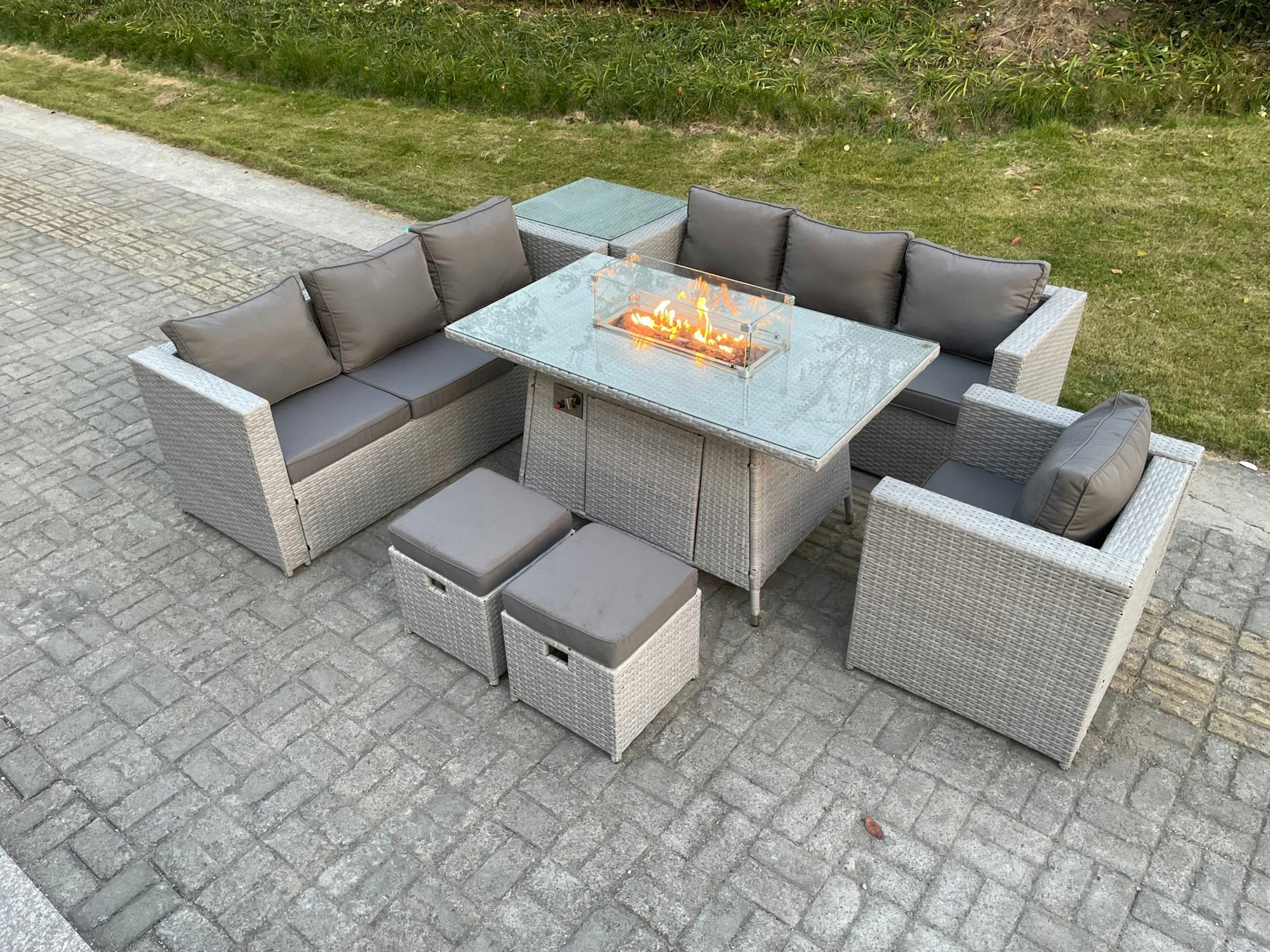 Rackhams Light/Grey Rattan Fire Pit Garden Furniture Dining Table Set Gas Heater Burner Lounge Sofa With Side Coffee Table