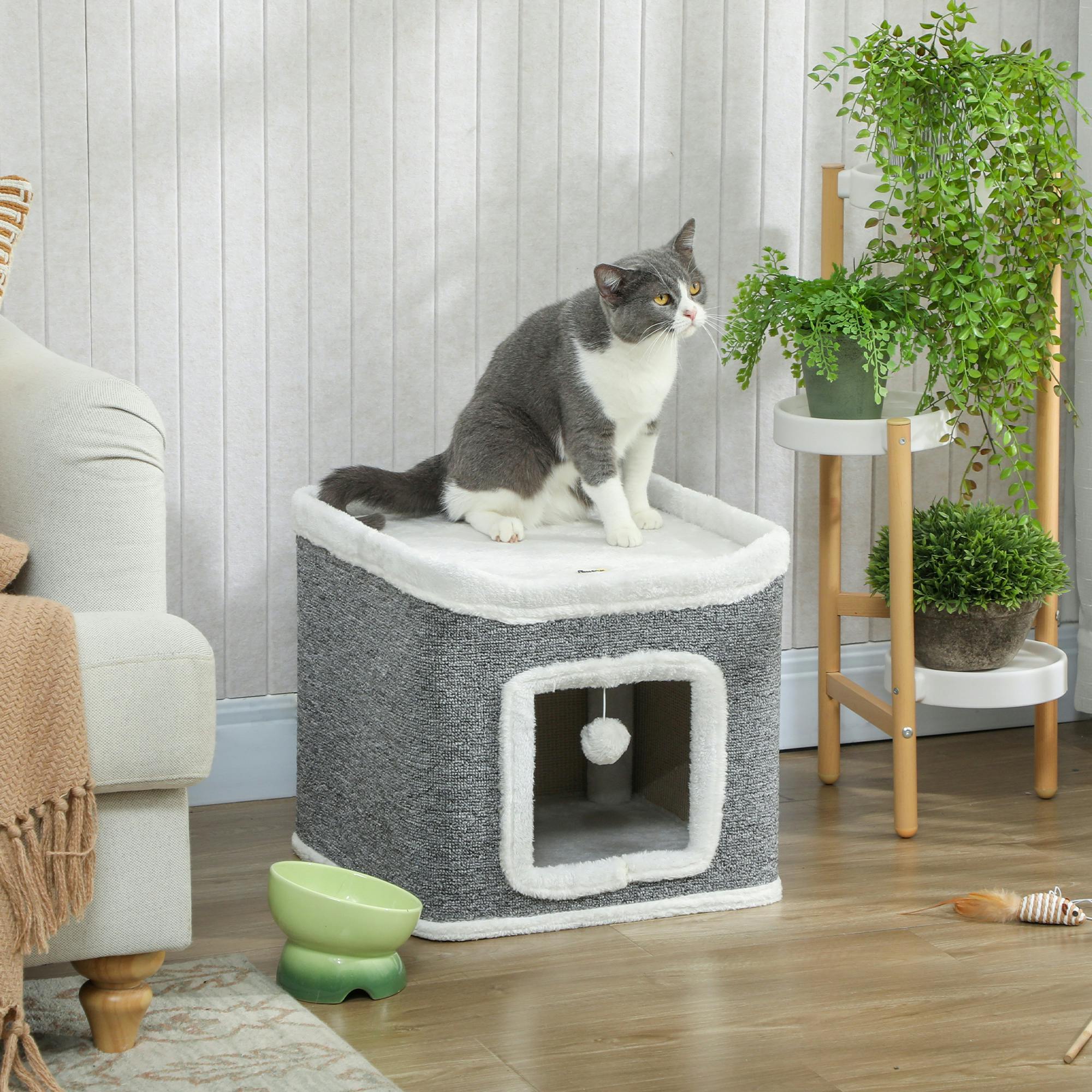 Pawhut Cat House For Indoor Kittens, 2-Level Cat Cave Bed, Grey - Image 3