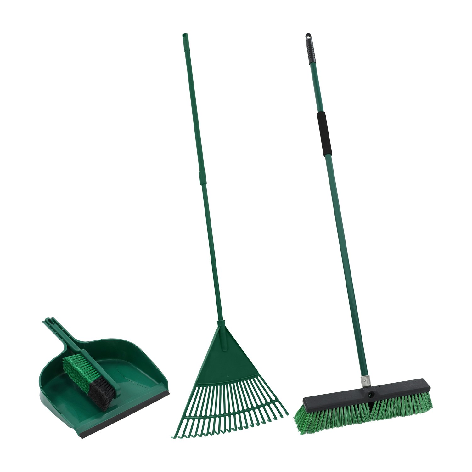 Jvl Garden Clean Up Bundle: Includes Outdoor Broom, Dustpan And Brush And Telescopic Rake Large