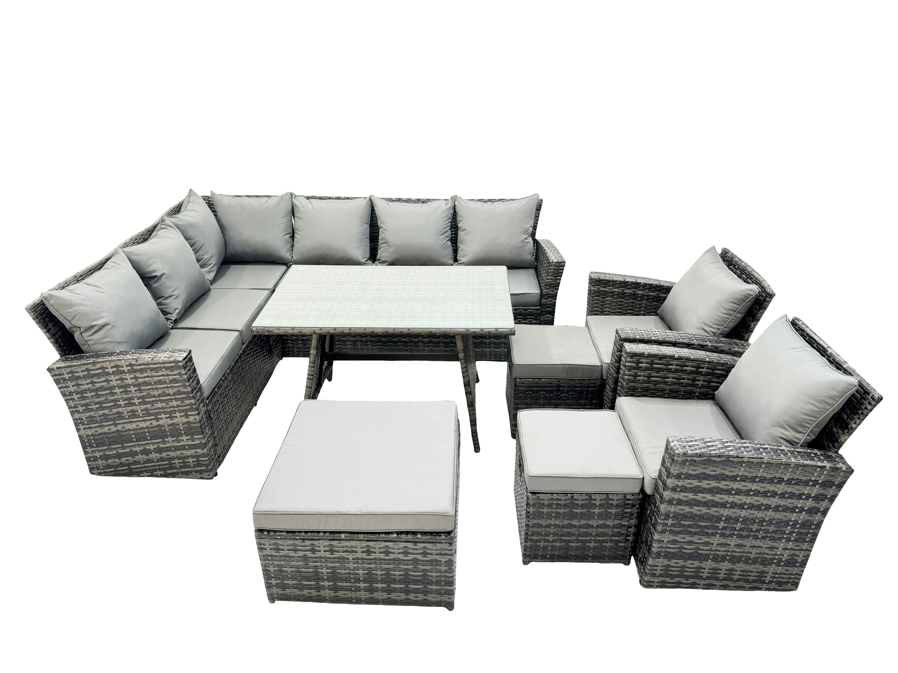 Fimous Dark/Grey 11 Seat Rattan High Back Corner Sofa Set Patio Dining Table Set With 3 Stools Mixed