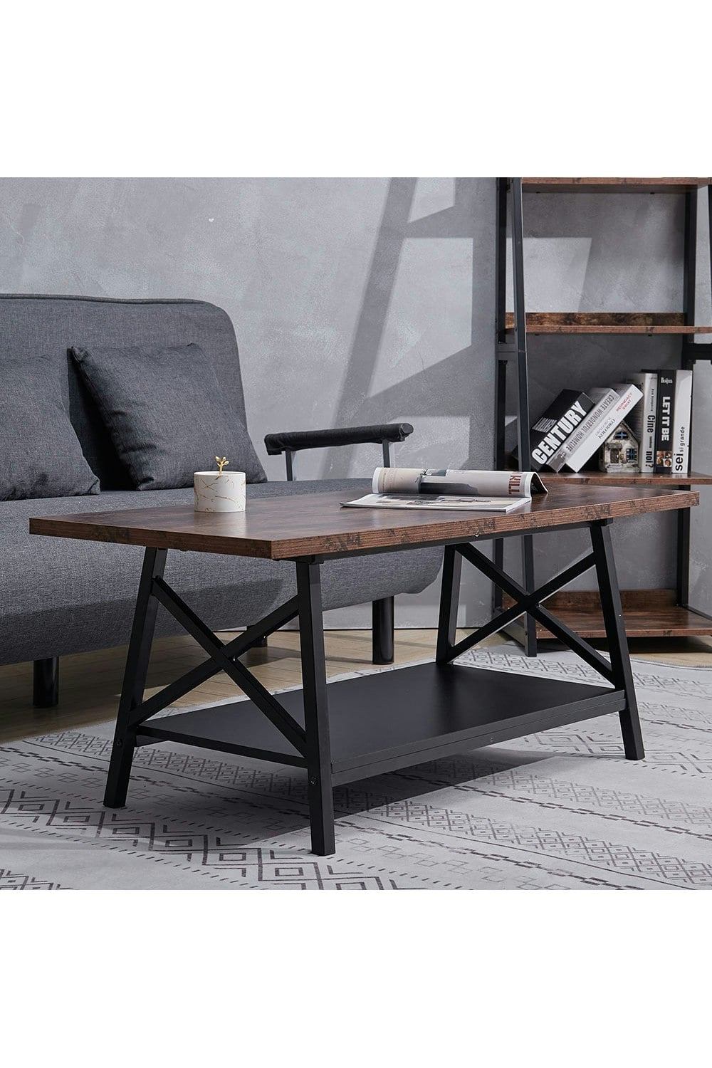 Rackhams Brown 2 Tier Industrial Style Coffee Table With Storage Shelf