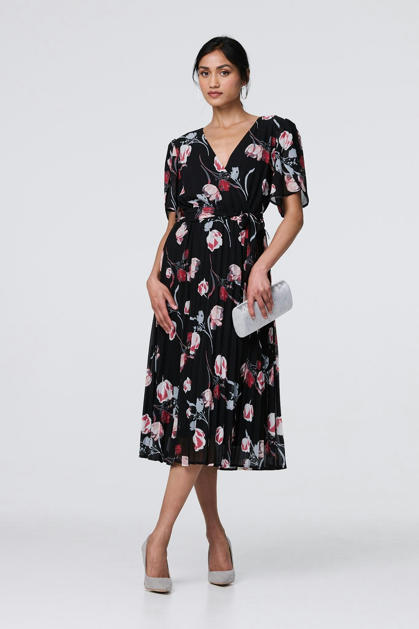 Izabel London Black Floral Sheer 1/2 Sleeve Midi Wrap Dress - 10
