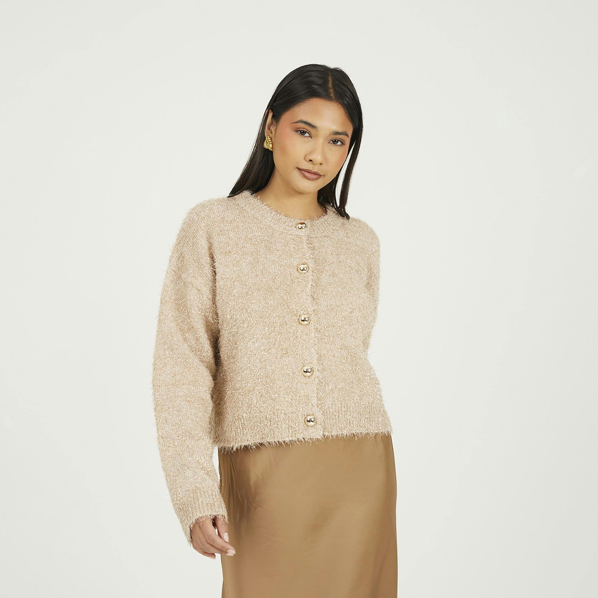Brave Soul Gold Fluffy Tinsel Knit Cardigan - L
