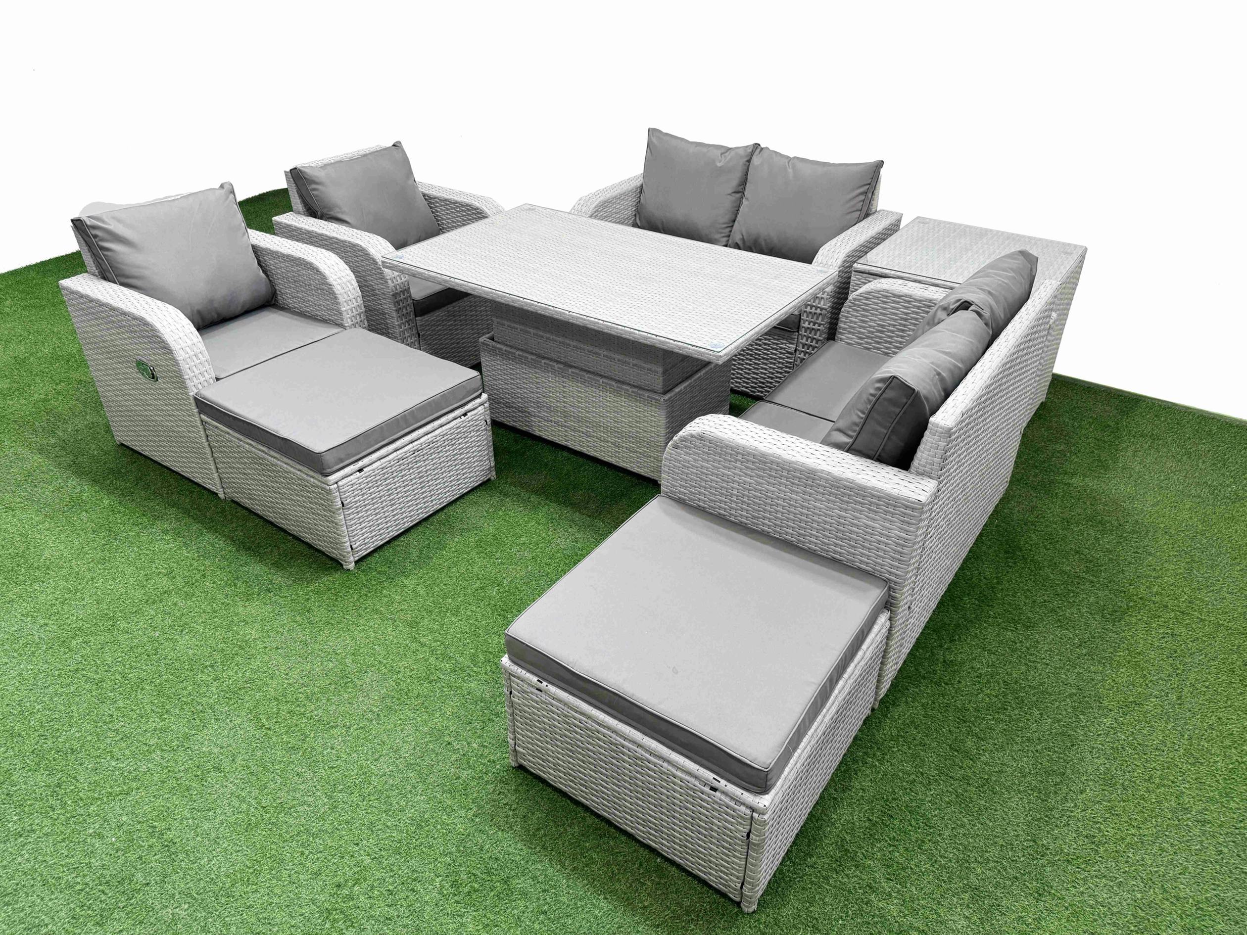 Rackhams Light/Grey 8 Seater Rattan Garden Furniture Set With Adjustable Height Table, 2 Loveseats, 2 Reclining Chairs, 2 Footstools & 1 Side Table