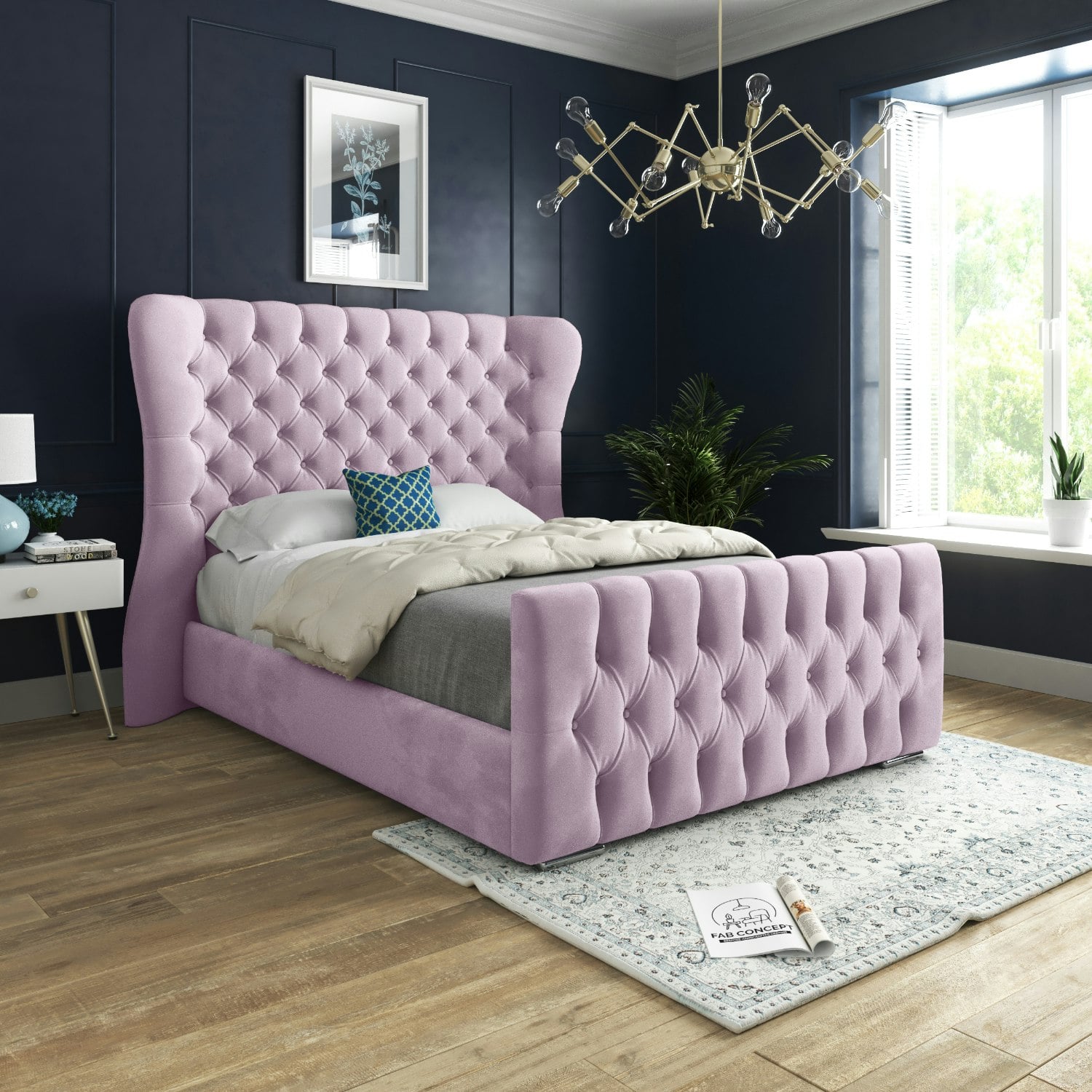 Casa Magna Pink Parma Wide Curved Winged Upholstered Soft Velvet Bed Frame - Double