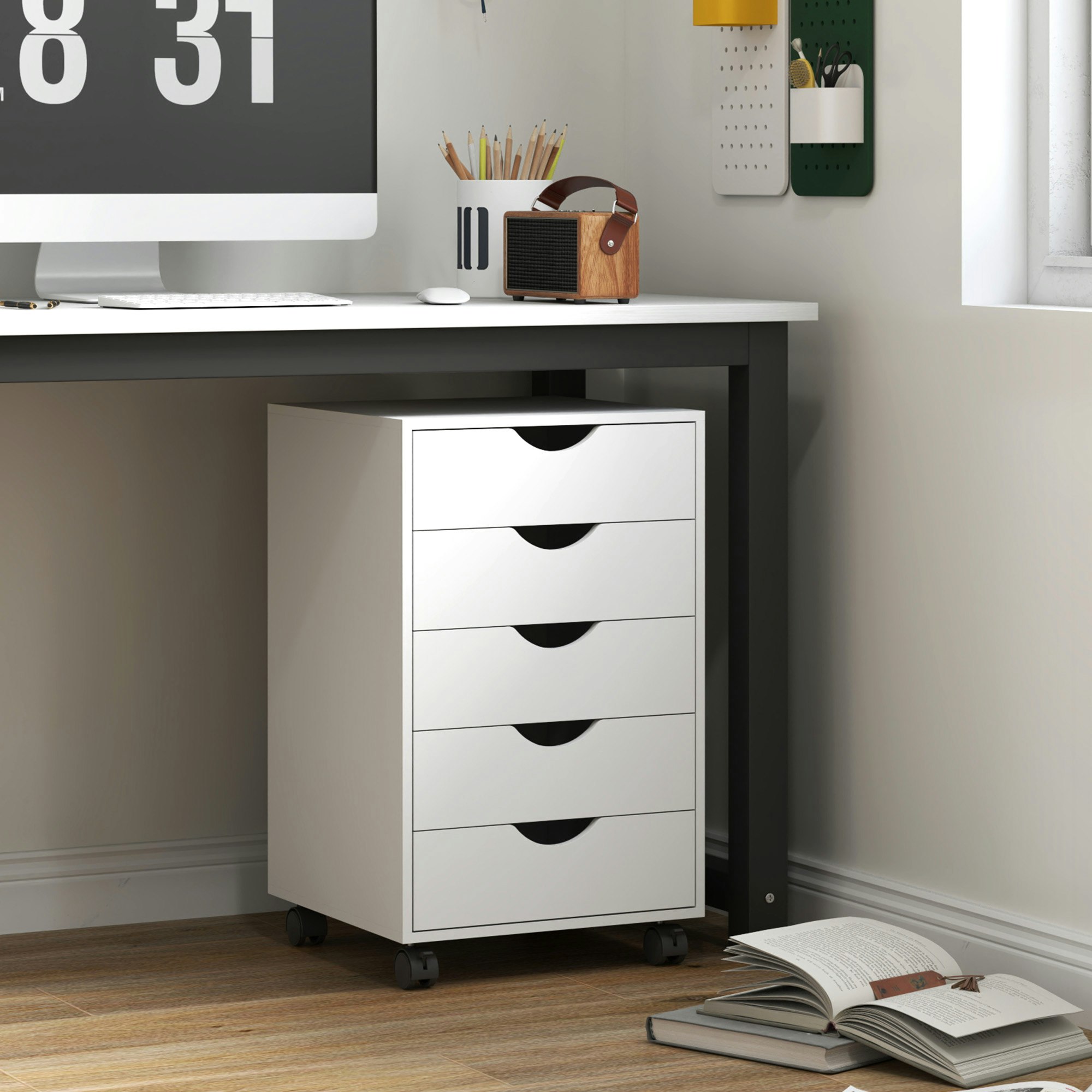 Rackhams White Mobile Vertical Filing Cabinet With 5 Drawers For Home Office,