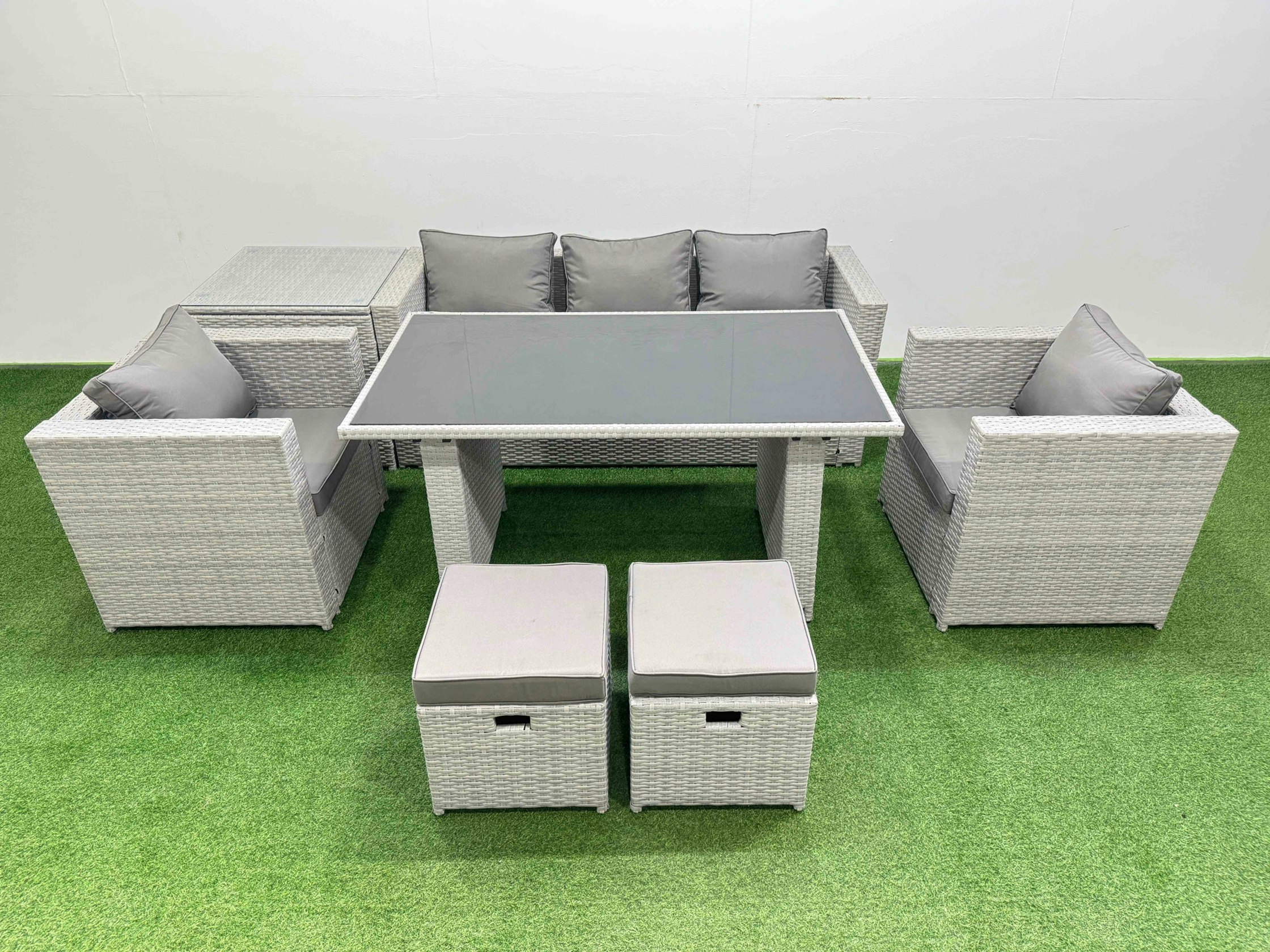 Fimous Black/Light/Grey Patio Garden Furniture Sets With Glass Top Dining Table Armchair 3 Seater Sofa Side Table 2 Small Stool