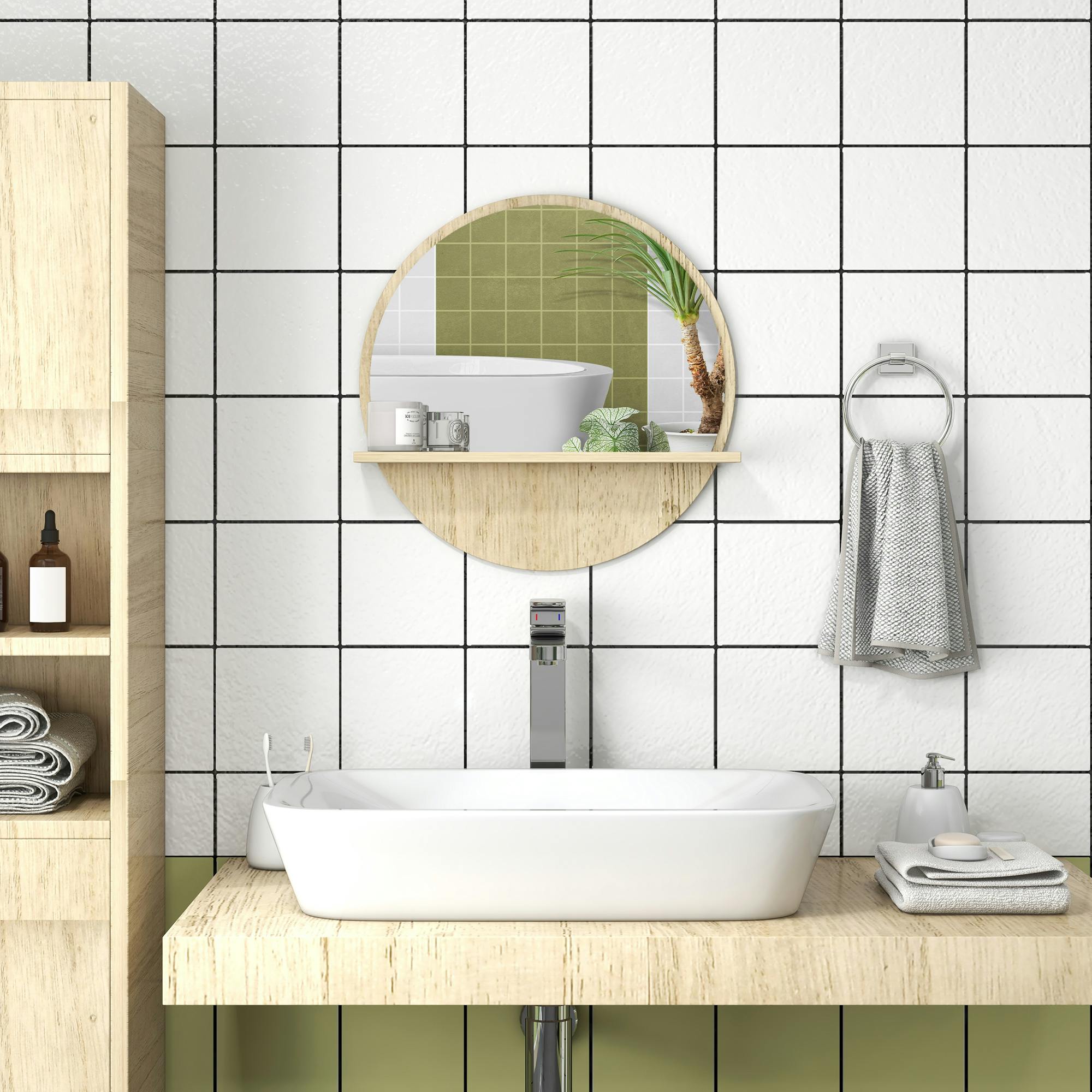 Kleankin Grey Round Mirror For Wall Makeup Mirror With Shelf Wood Effect