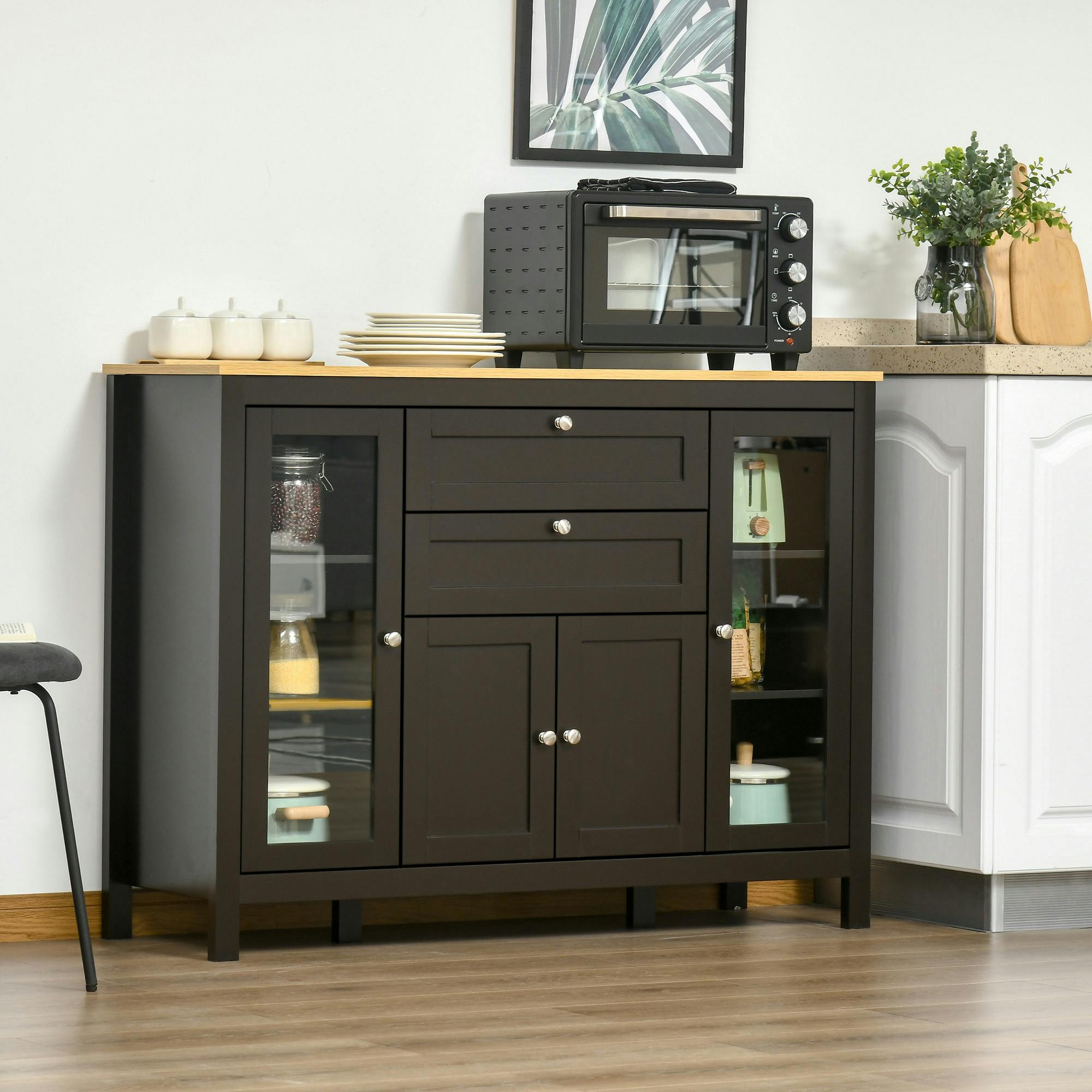 Rackhams Black/Brown Modern Storage Cabinet With 4 Doors And 2 Drawers,
