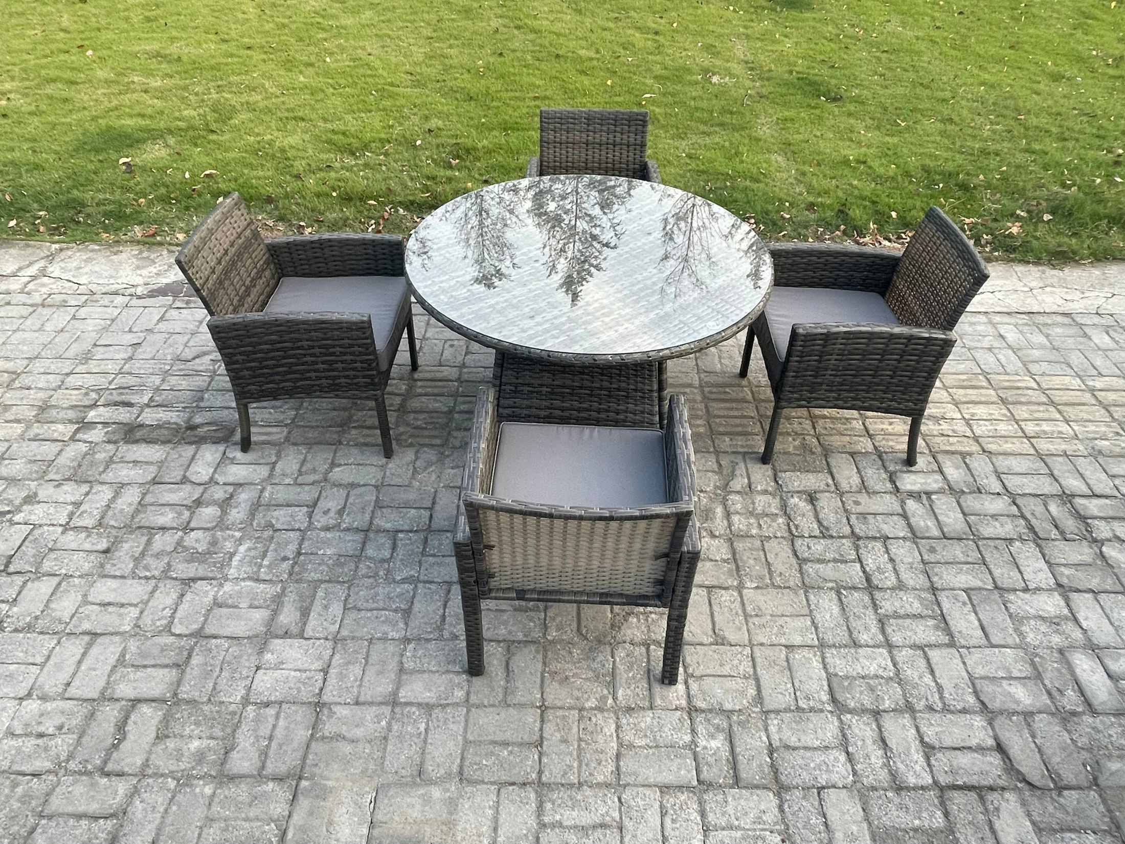 Rackhams Dark/Grey Wicker Pe Outdoor Rattan Garden Furniture Arm Chair And Table Dining Sets 4 Seater Medium Round Table Mixed
