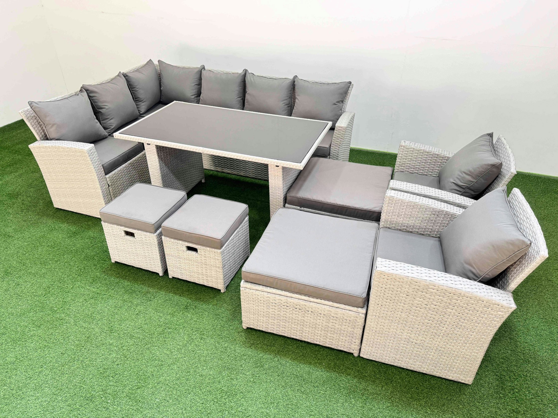 Fimous Light/Grey 12 Seater Wicker Rattan Corner Sofa Sets Outdoor Garden Furniture Sets With Rectangular Dining Table Lounge Sofa 4 Footstools