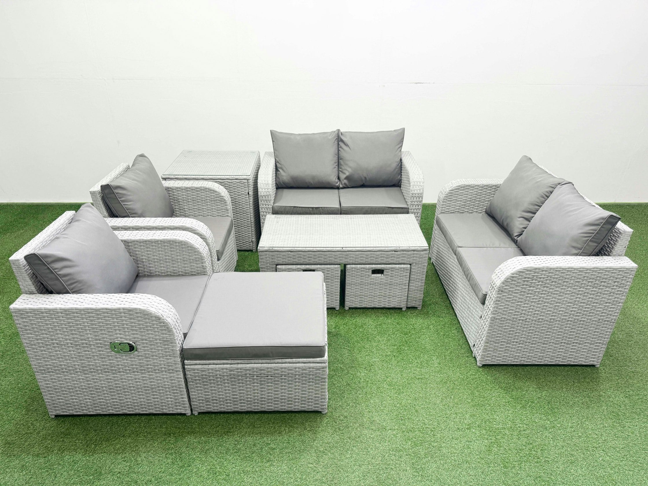 Fimous Light/Grey 9 Seater Outdoor Reclining Chair Love Sofa Set Rattan Garden Furniture Set With Oblong Coffee Table 3 Stools Side Table
