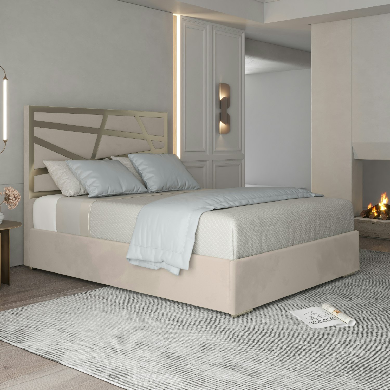Casa Magna Cream/Silver Arabella Upholstered Soft Velvet Metal Bed Frame - Small Double