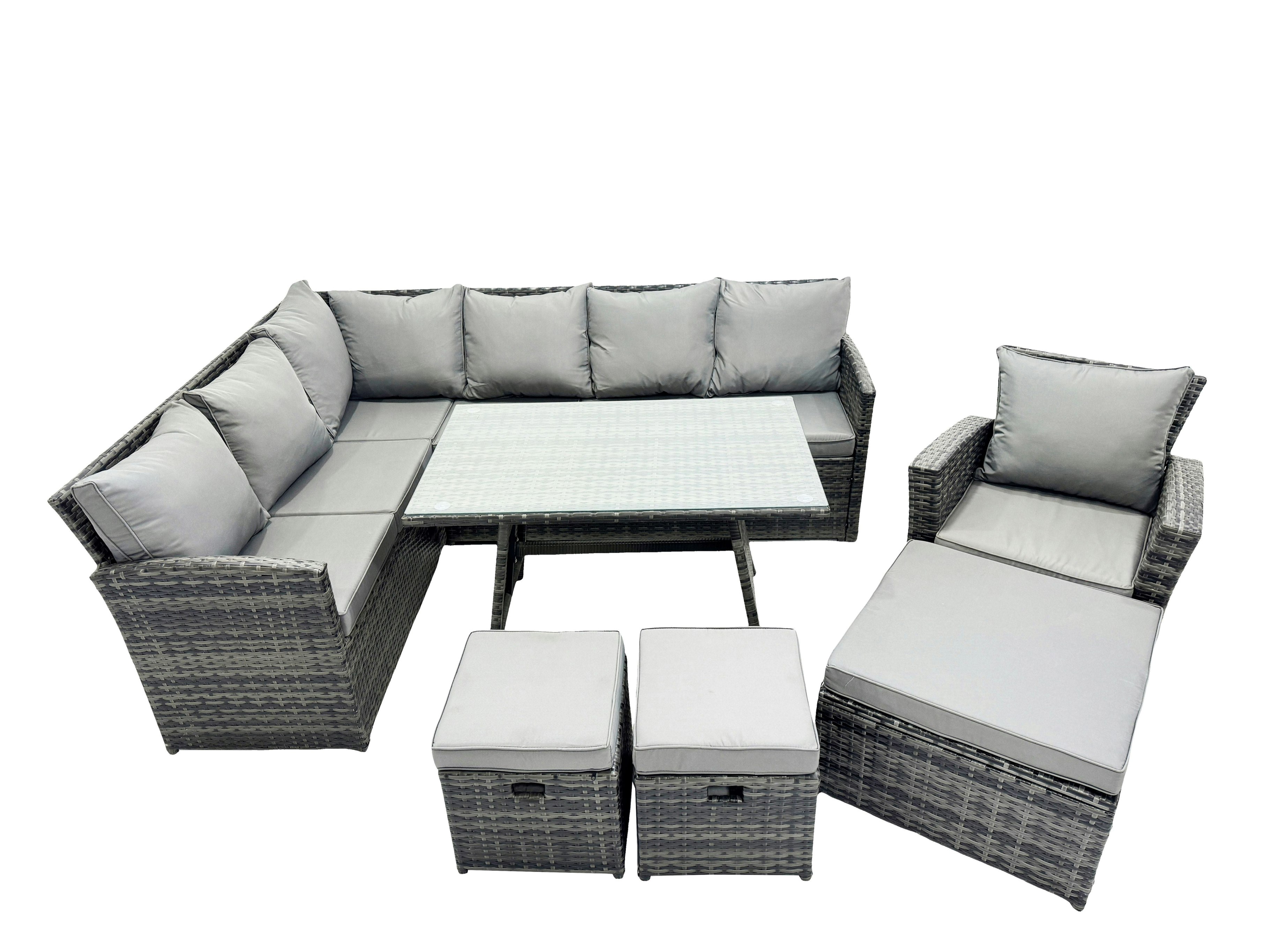 Fimous Dark/Grey 10 Seat Poly Rattan Outdoor Patio Oblong Dining Table Corner Sofa Set With 3 Stool Chair For Garden Backyard Mixed