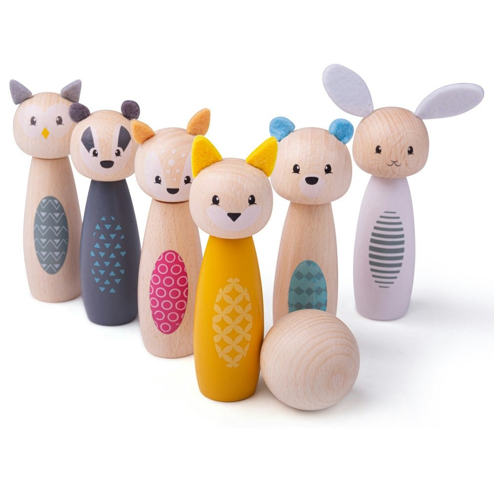 Bigjigs Toys Wooden Animal Skittles, Includes 1 Ball & 6 Animal Skittles, Bowling Game
