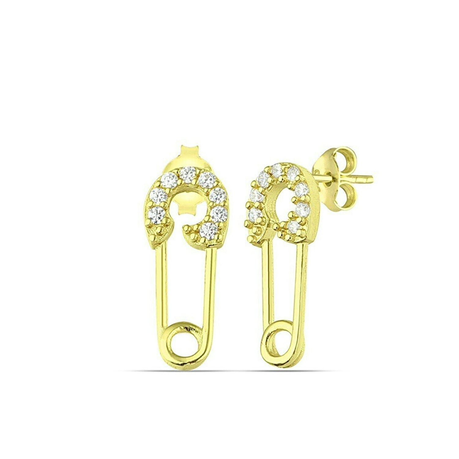 Spero London Silver/Gold Sterling Jewelled Mini Safety Pin Stud Earrings