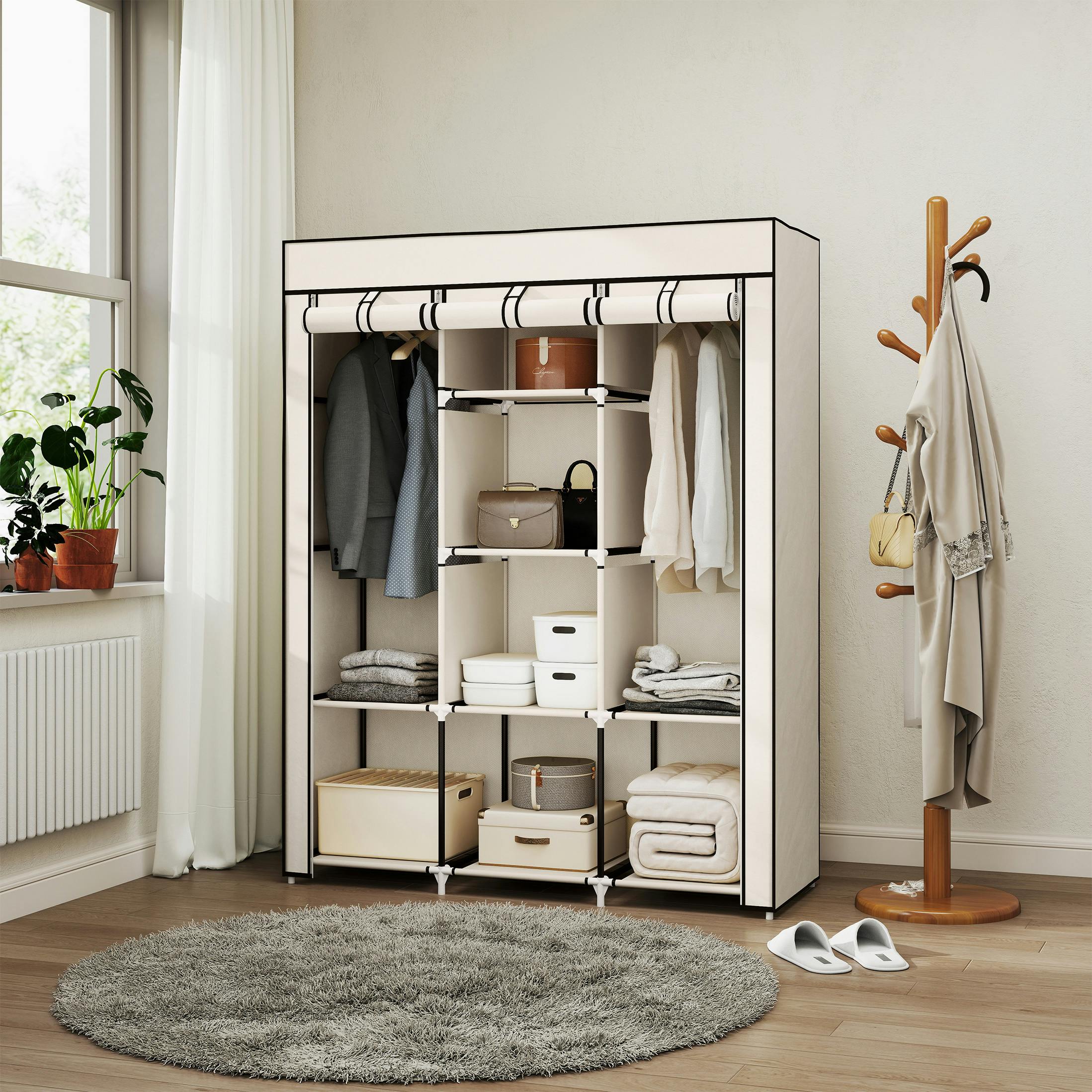 Rackhams Cream Fabric Portable Wardrobe With 8 Shelves 2 Hanging Rails