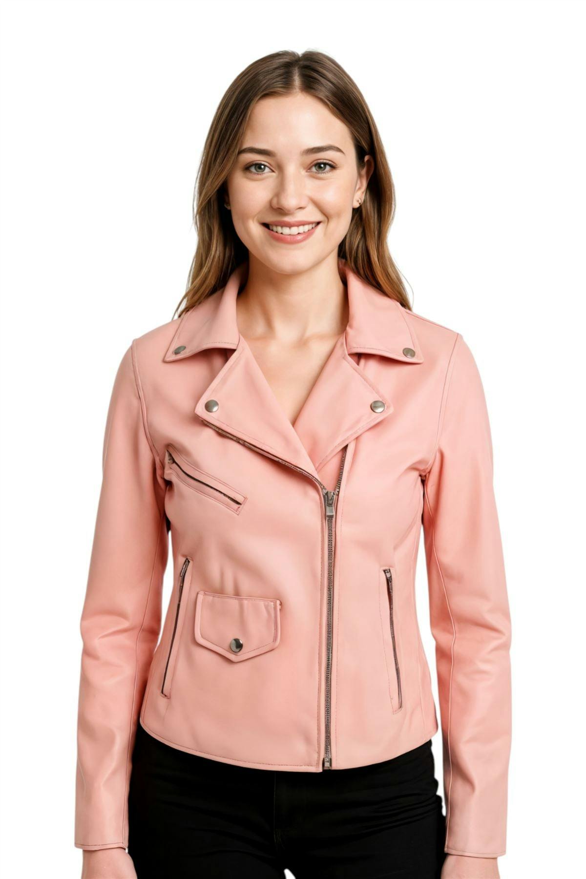 Infinity Leather Women's Pink Classic Brando Biker Leather Jacket - Broome - Baby - Uk Xl/16 | Eu 42 | Us 12
