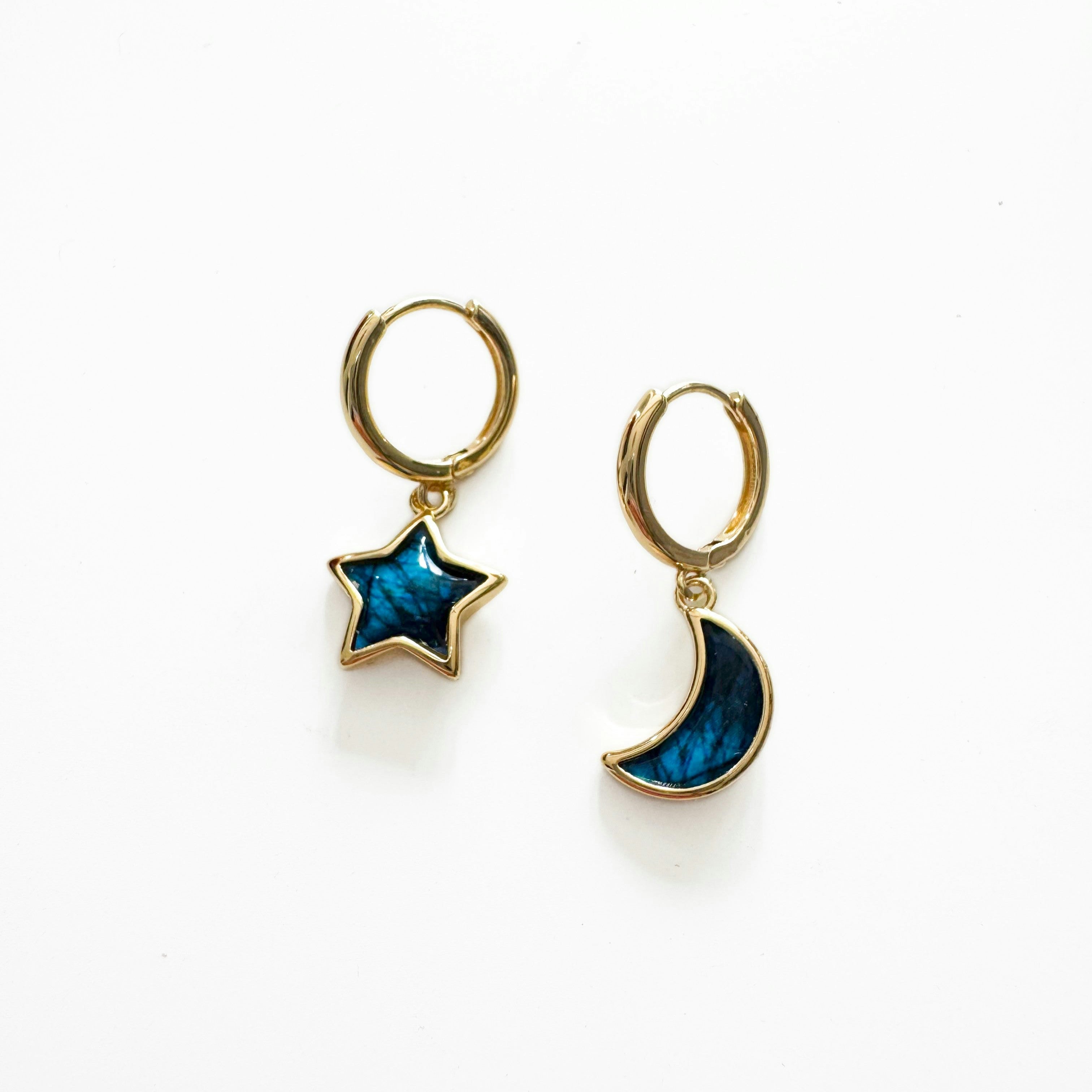 Luxe Tones Blue/Light Maeve Mismatch Moon And Star Hoop Earrings