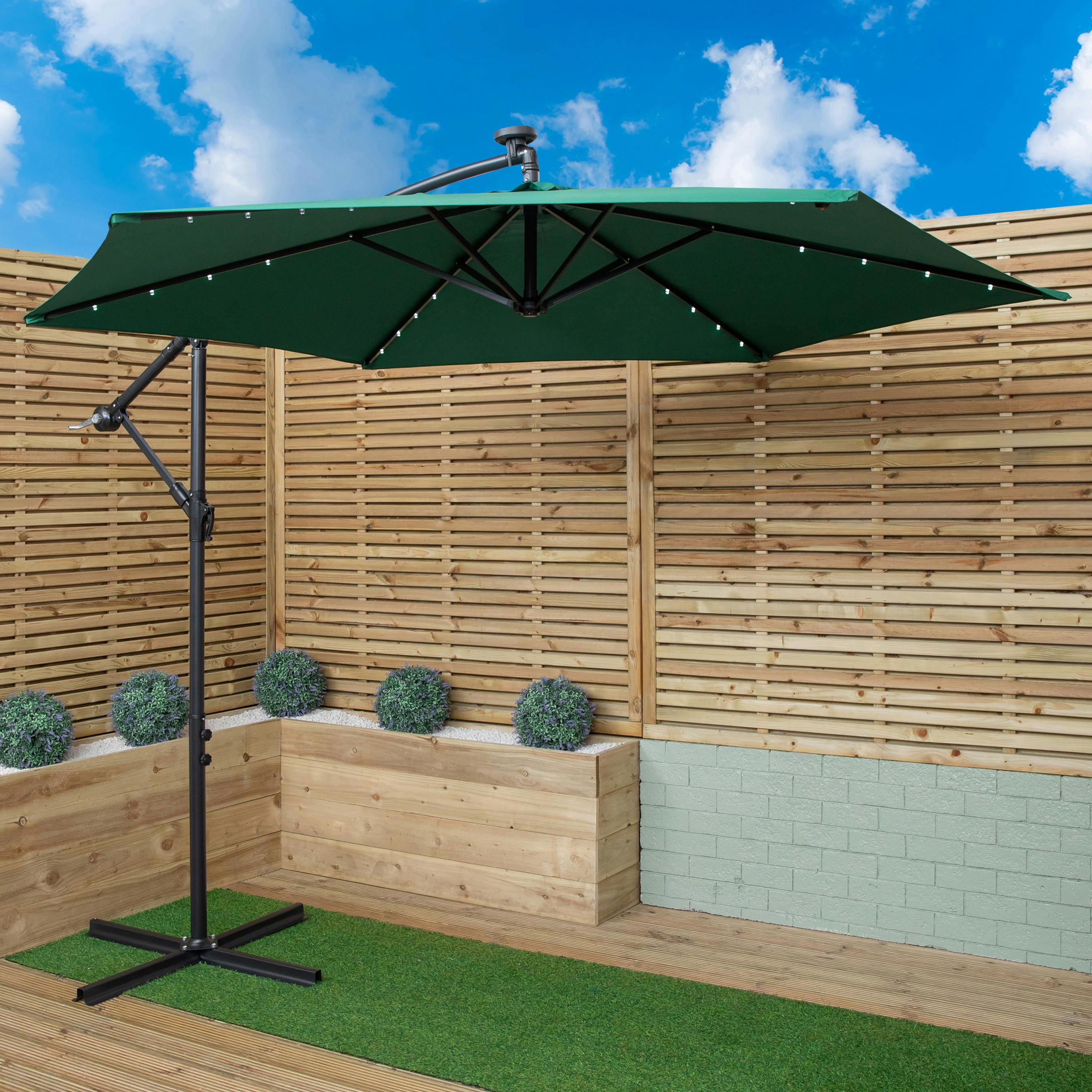 Rackhams White/Green 3M Solar Powered Cantilever Lit Banana Garden Parasol With Crank Handle & Led Lights In