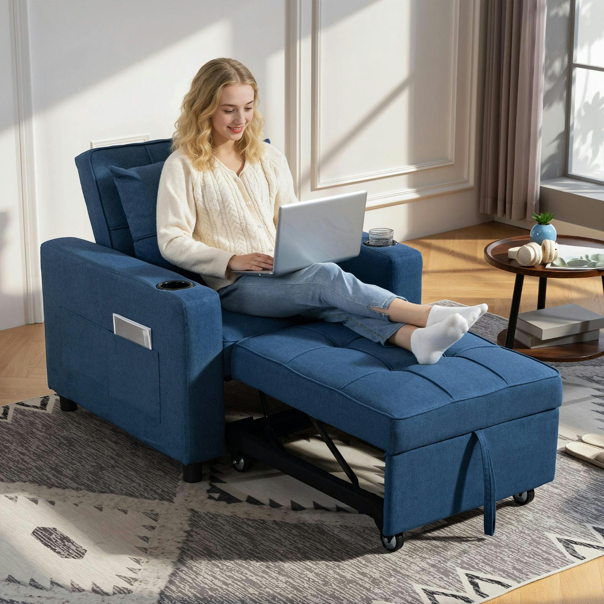 Rackhams Dark/Blue 3-In-1 Sofa Bed, Convertible Sleeper Chair With Adjustable Backrest - Sofa Bed