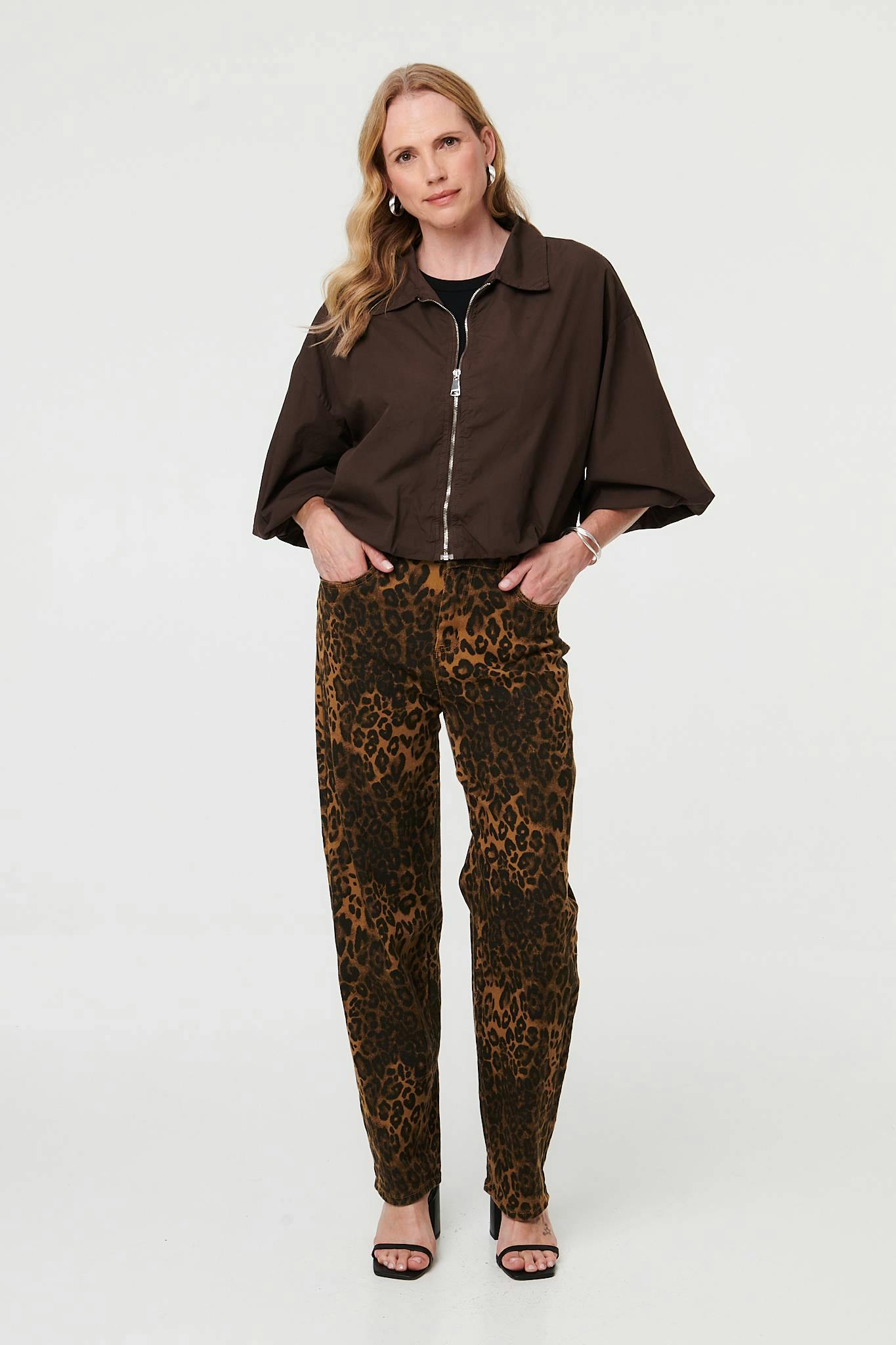 Izabel London Brown Zip Front 3/4 Sleeve Cropped Jacket - L