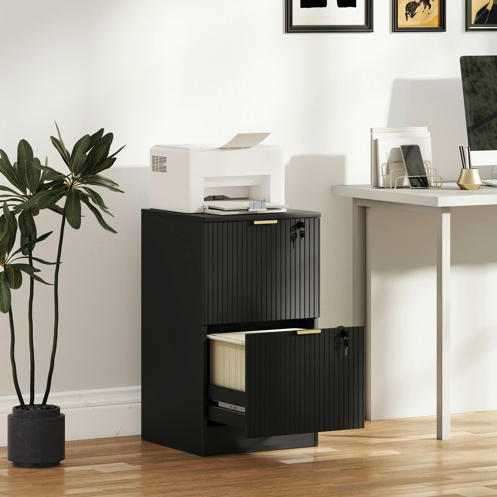Rackhams Gold/Black Filing Cabinet, File Cabinet With 2 Lockable Drawers And Hanging Rails