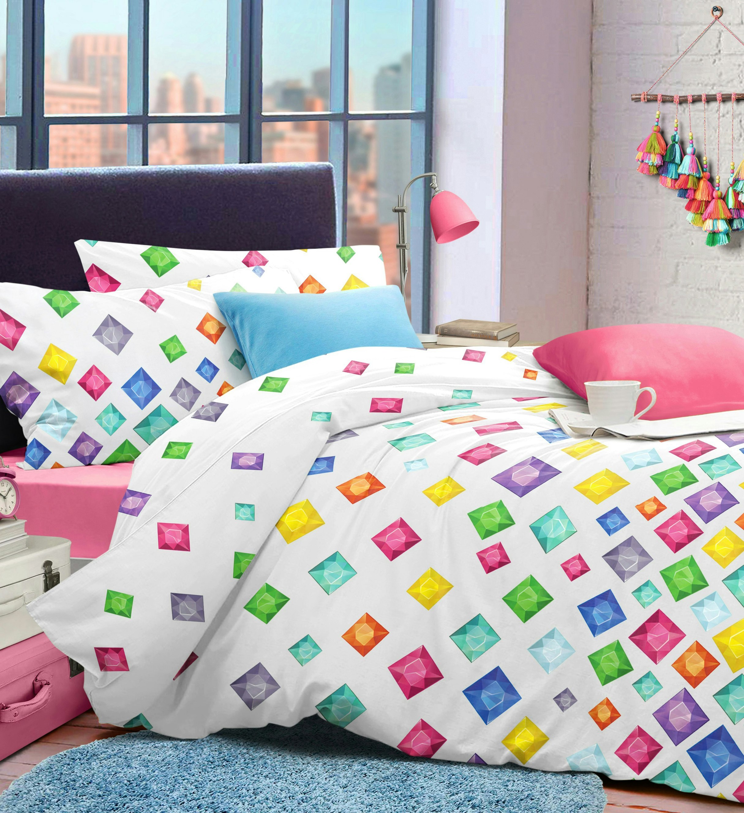 Velosso White Jewels Printed Cotton Blend Duvet Cover And Pillowcase Set - Multi - Double