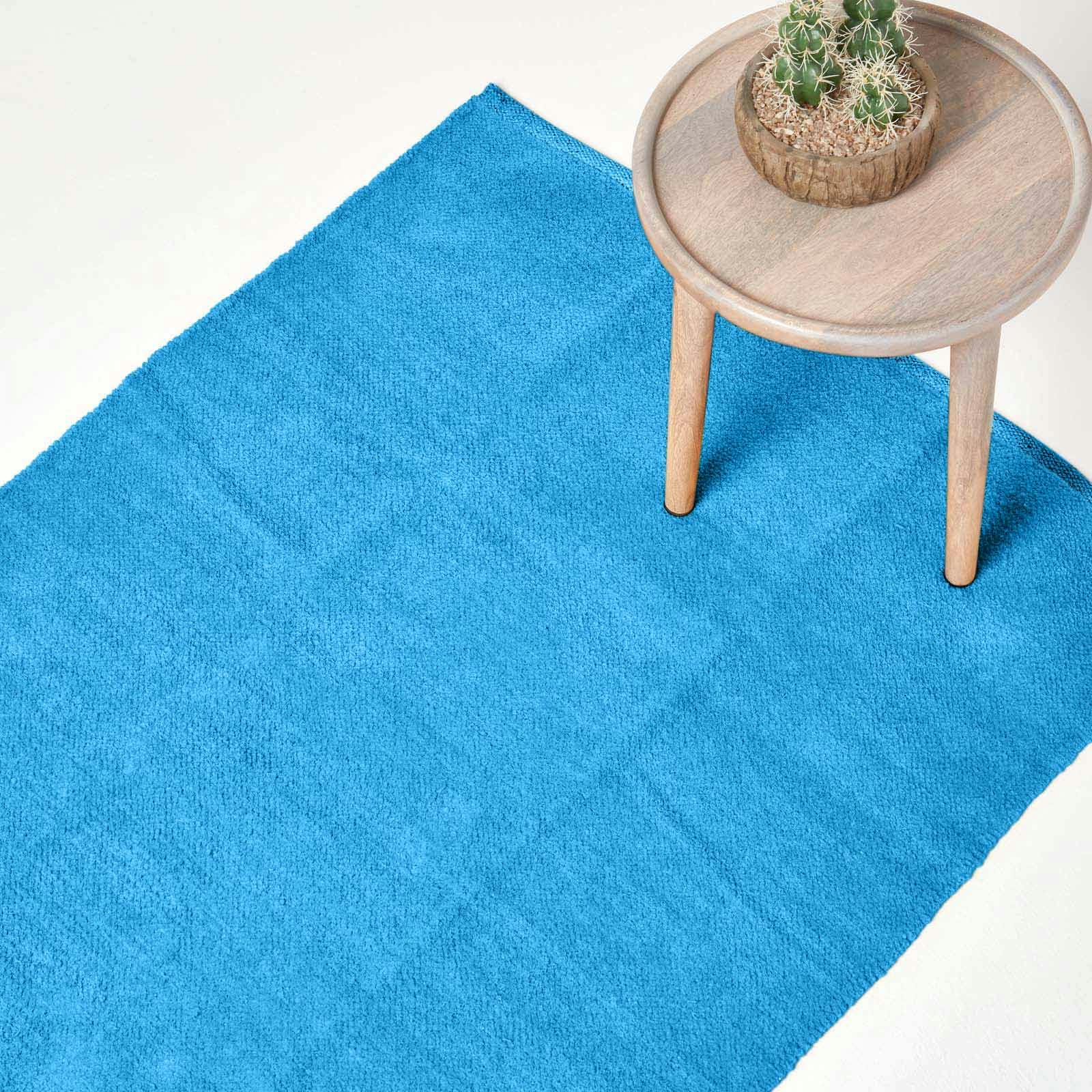 Homescapes Blue Cotton Plain Chenille Rug With Natural Trim - 110 X 170 Cm