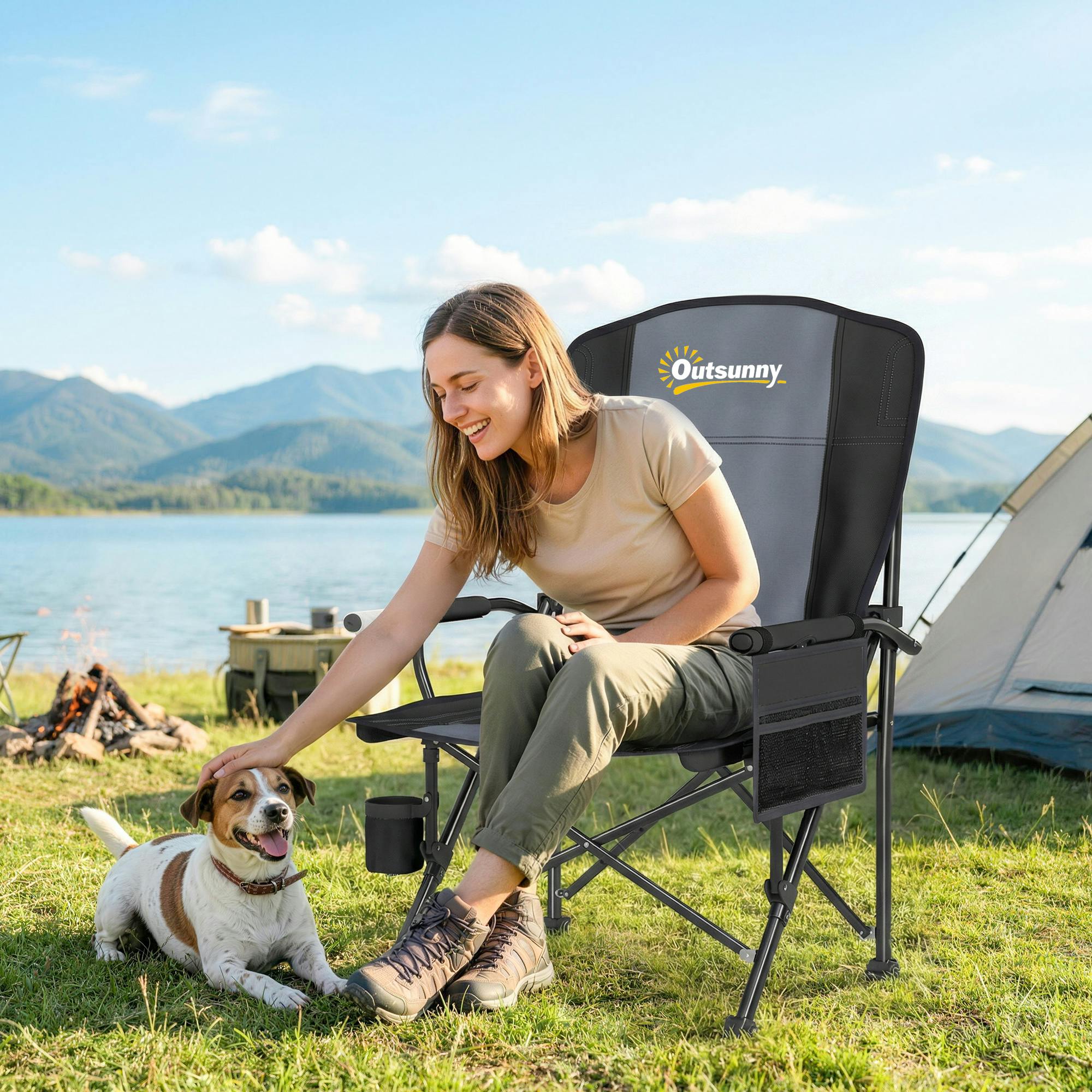 Outsunny Black Camping Chair Padded With Side Pocket