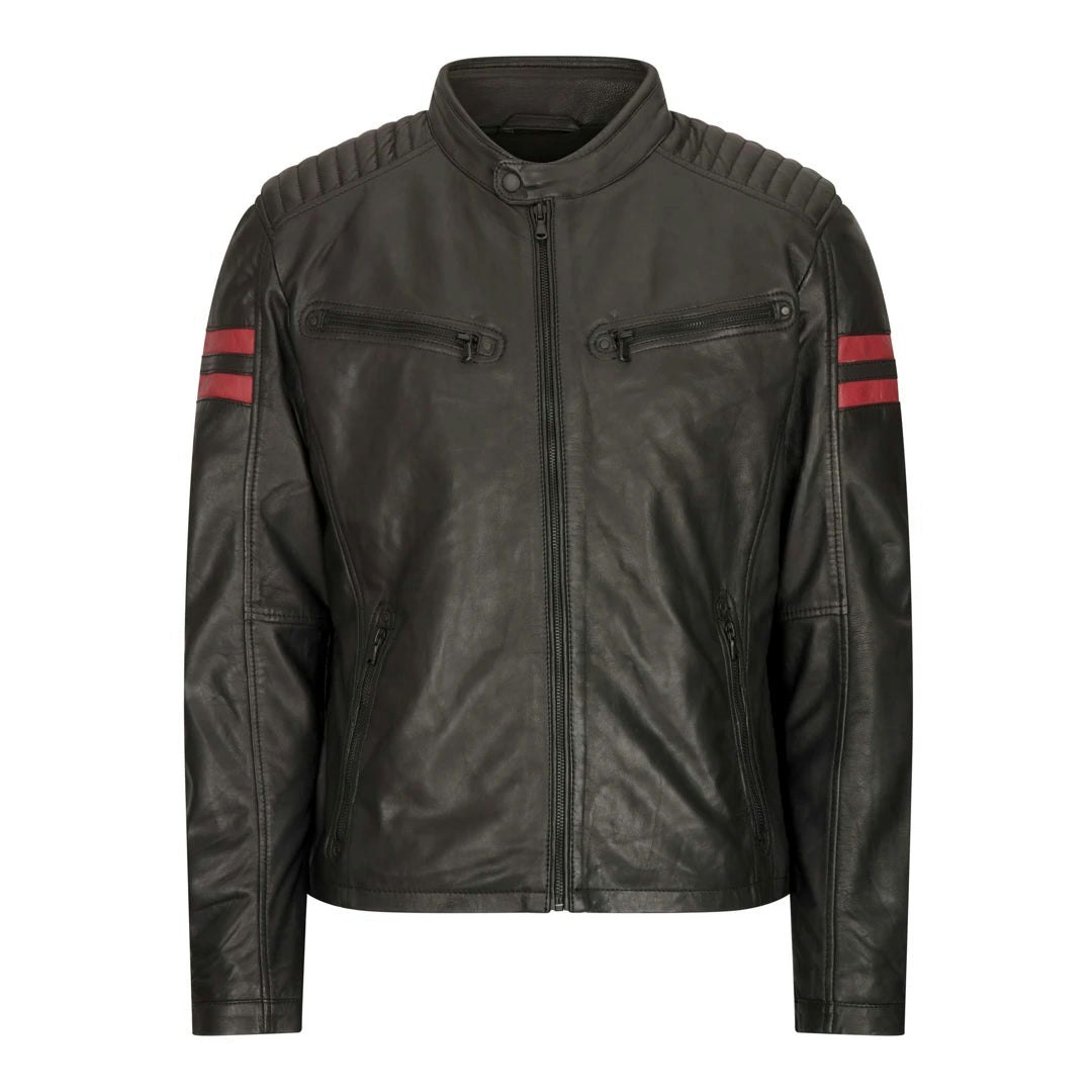 Aviatrix Men's Red/Black Leather Biker Racing Jacket Stripes Zip Short - 2XL