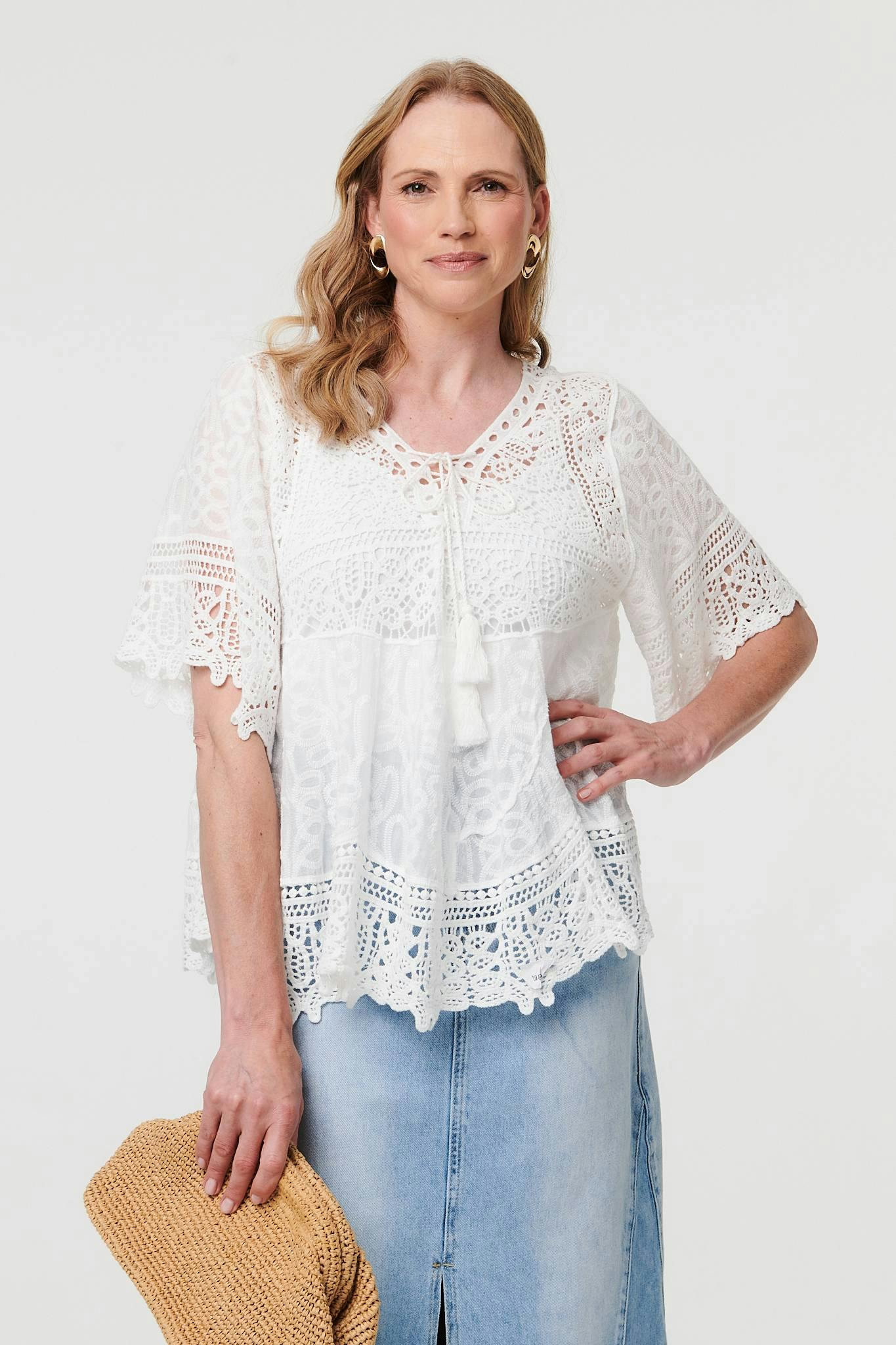 Izabel London White Crochet Lace Texture Relaxed Blouse - M/L