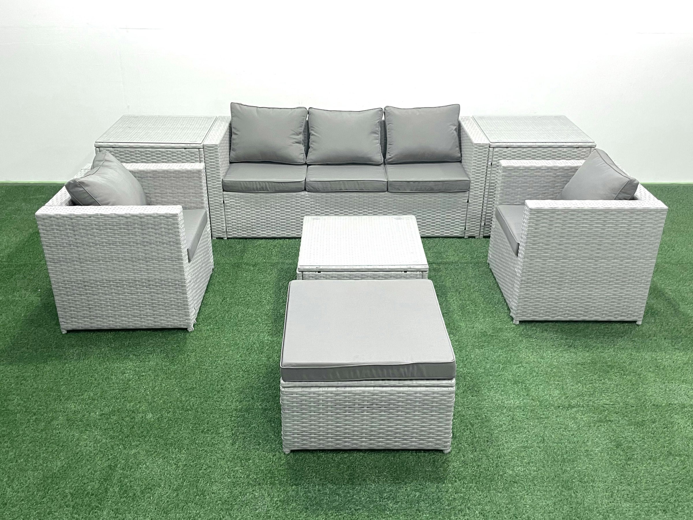 Fimous Light/Grey 6 Seater Rattan Garden Furniture Set With 3 Seater Sofa 2 Chair Square Coffee Table Big Footstool 2 Side Tables Mixed